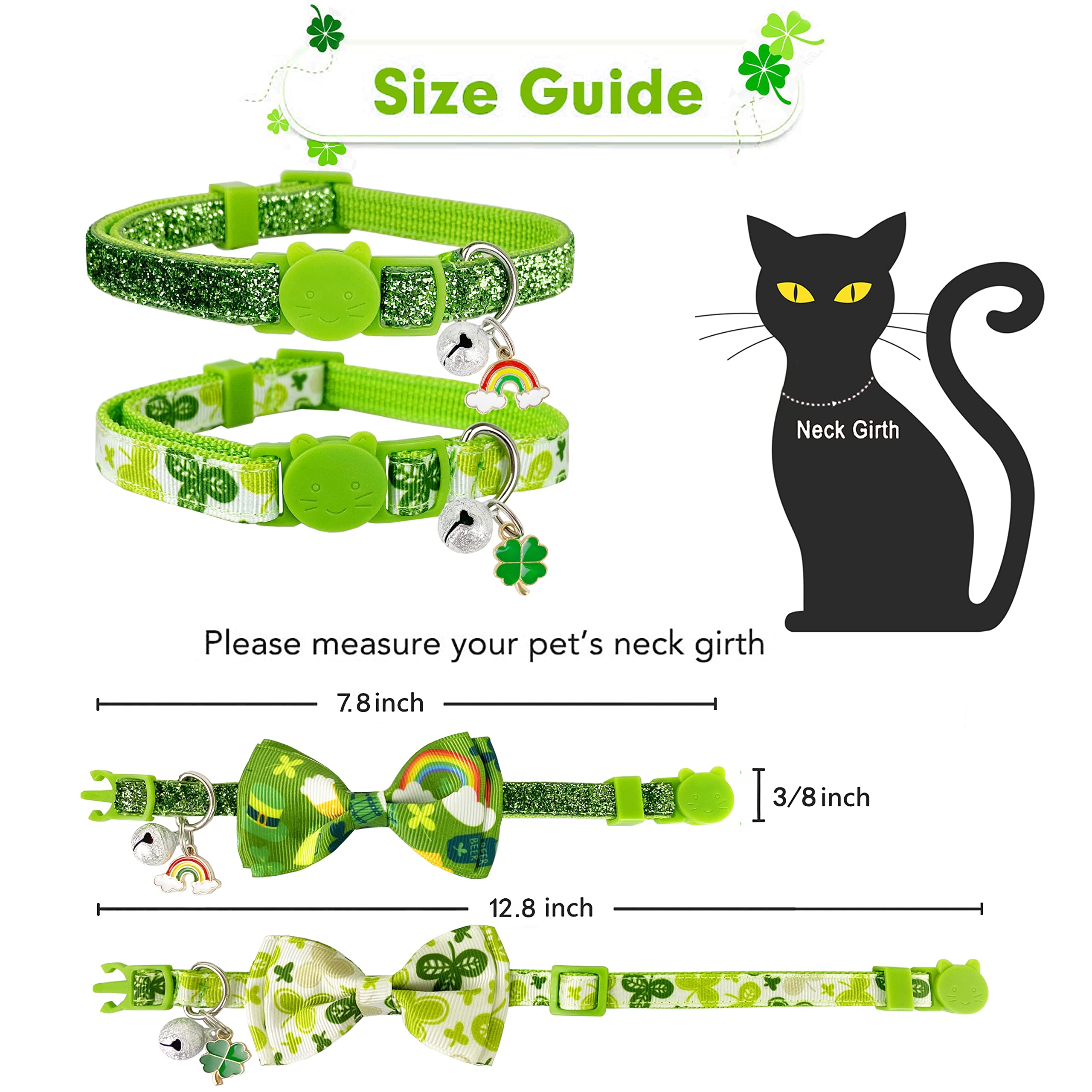 Pohshido 2 Pack St. Patrick'S Cat Collar With Bow Tie And Bell, Kitty Kitten Breakaway Lucky Irish Shamrock Collar For Girls And