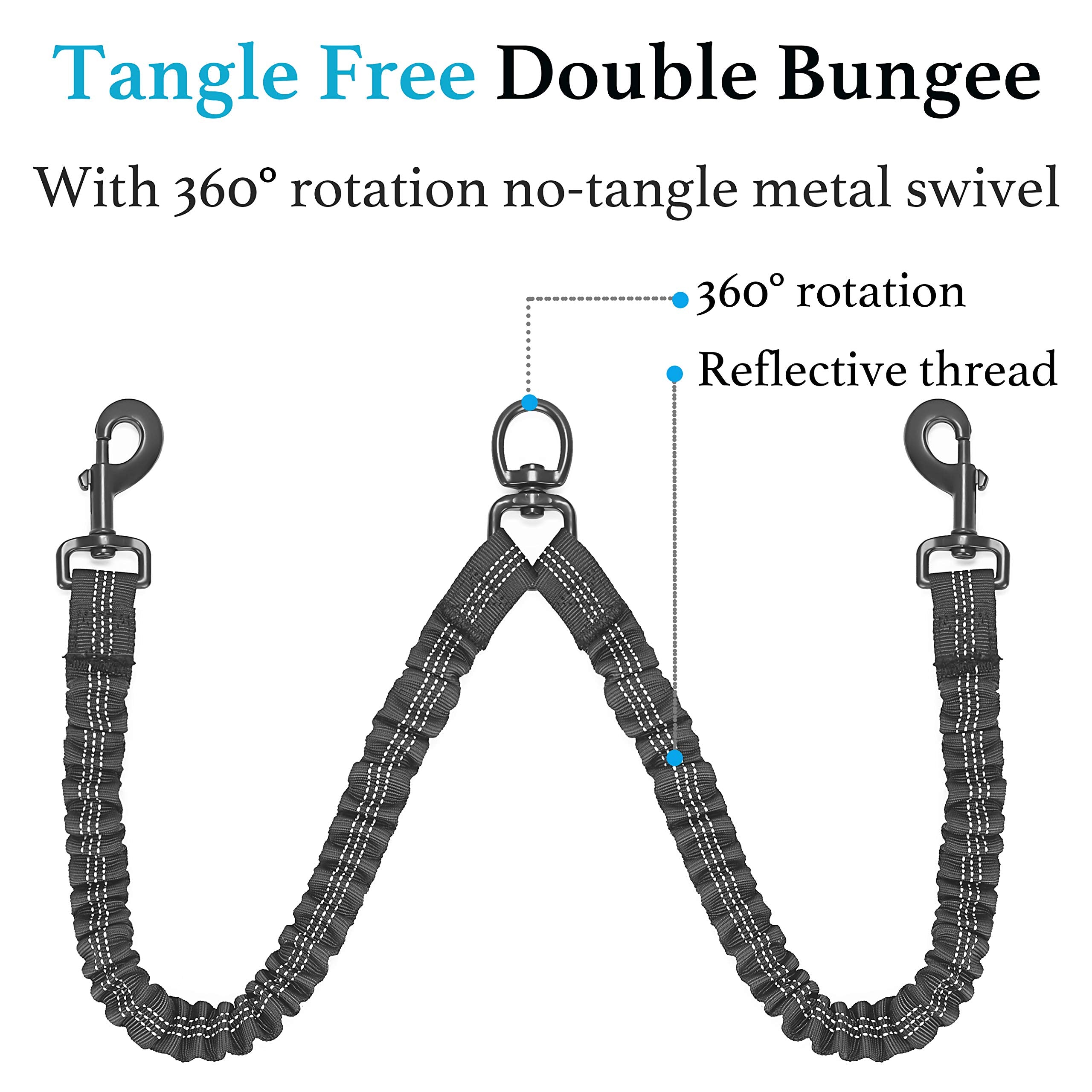 Iyoshop Dual Dog Leash, Double Dog Leash, 360 Swivel No Tangle Walking Leash, Shock Absorbing Bungee For Two Dogs, Black, Large (25-150 Lbs)