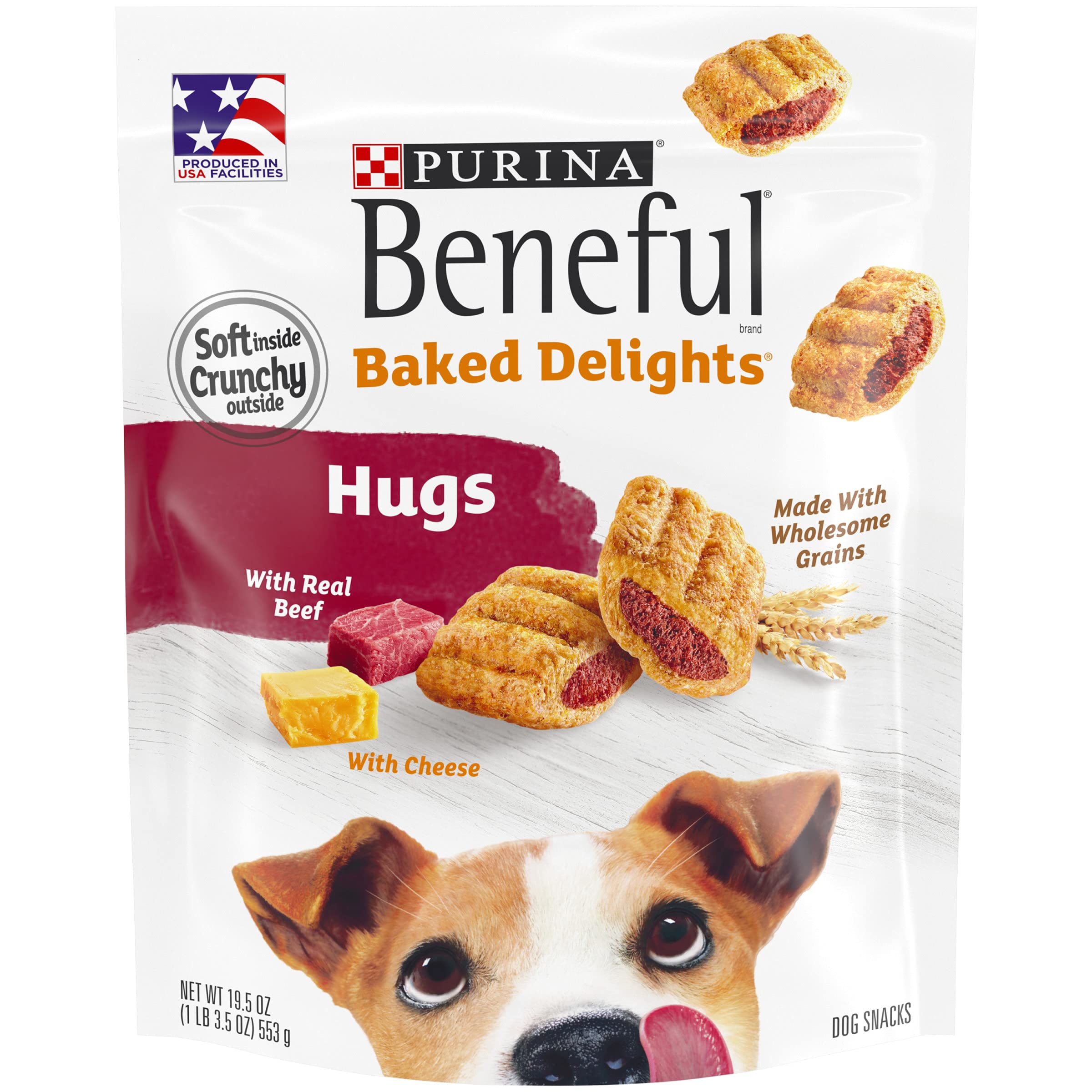 Purina Beneful Made in USA Facilities Dog Treats, Baked Delights Hugs With Real Beef & Cheese  19.5 oz. Pouch