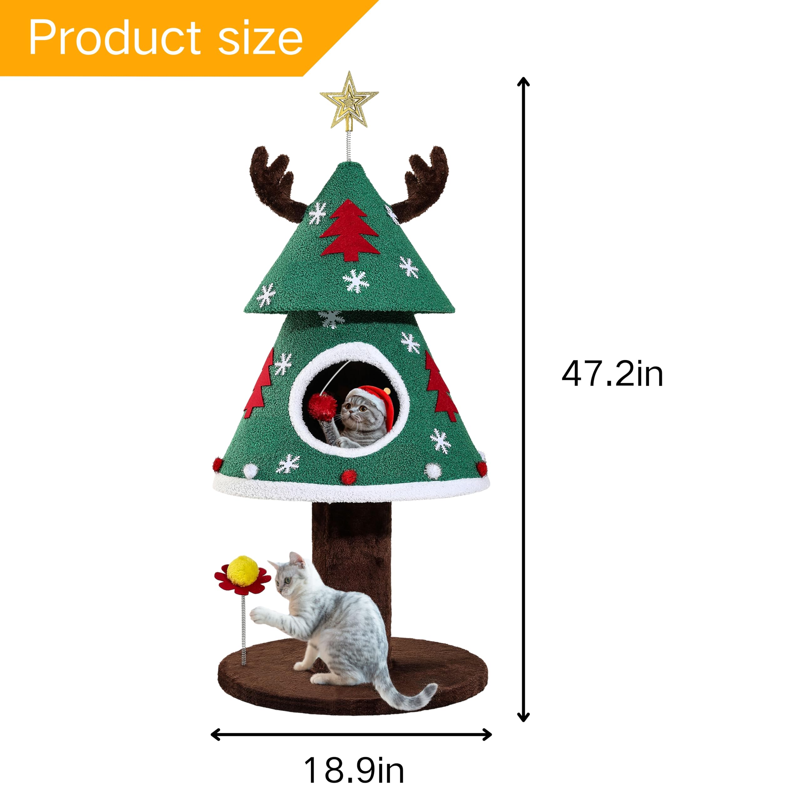 DWVO Christmas Cat Tree, 47.2in Christmas Tree Cat Tower with Teaser Plaything, Kitty Tree for Indoor Small Cats