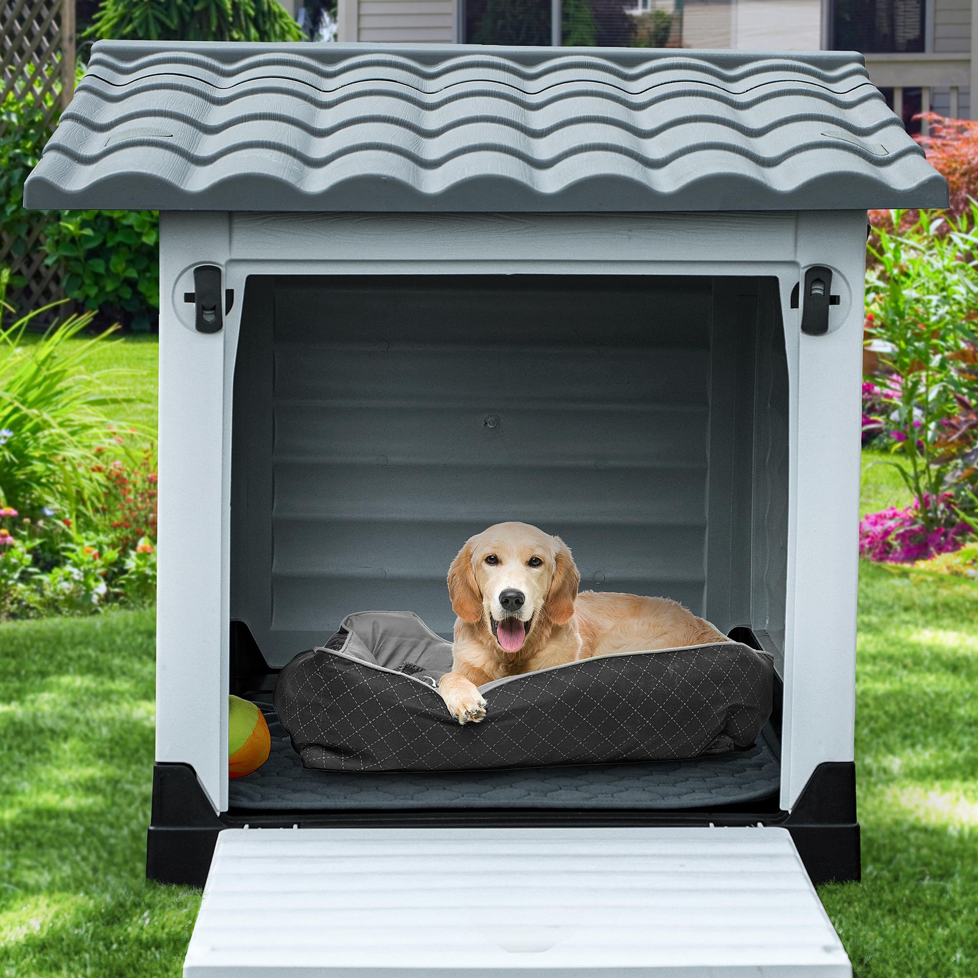 Yitahome 43.7'' Large Double Door Dog House With Porch & Cushion, Outdoor Plastic Doghouse With Elevated Base, Easy To Install,