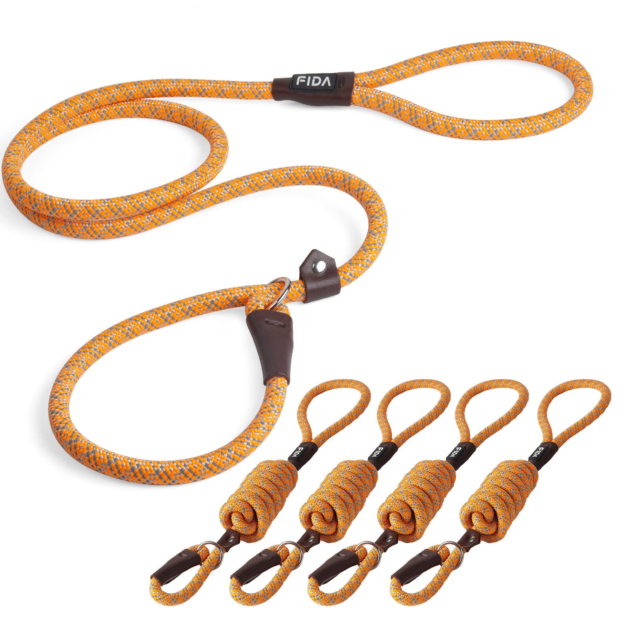 Fida Durable Slip Lead Dog Leash Bulk Pack Of 5, Heavy Duty 1/2' X 6 Ft Comfortable Strong Rope Slip Leash For Large, Medium Dogs No Pulling Pet Training Leash With Highly Reflective (Orange)
