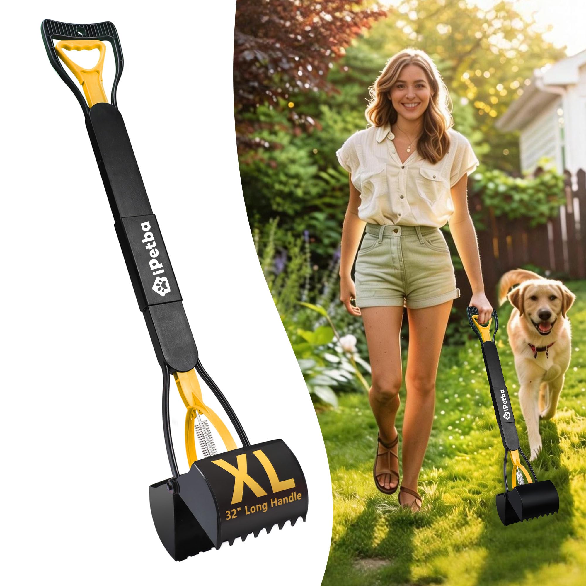 iPetba 32 inch Pooper Scooper for Large Dogs - Long Handle Dog Poop Scooper for Yard, No Bending Save Back, Ease of Pickup, Gras