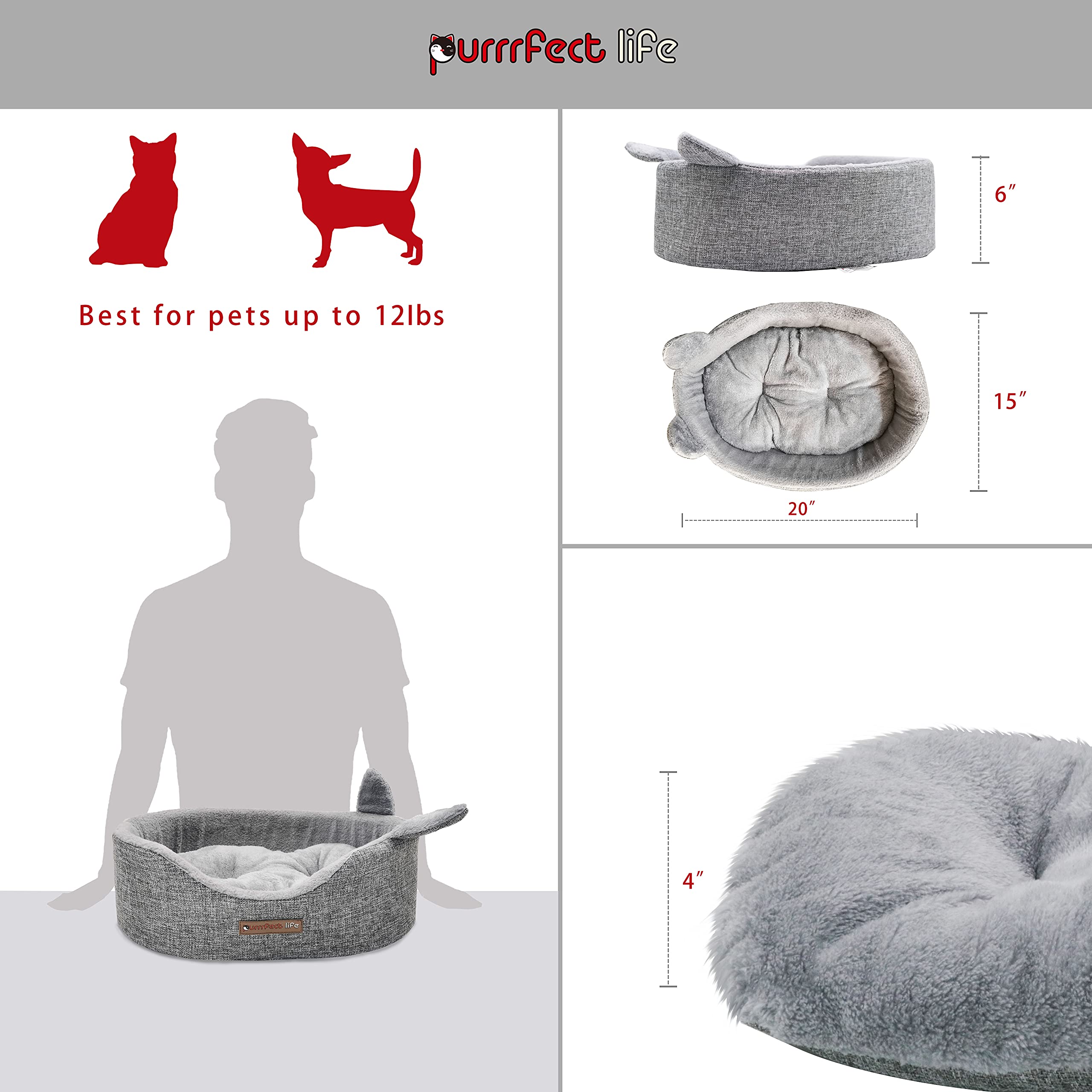 Purrrfect Life Oval Pet Beds For Cats And Small Dogs, Snuggery Bolster Pet Bed, Ultra Soft Short Plush, Washable High Resilience Pp Cotton, And More (Medium, Gray)
