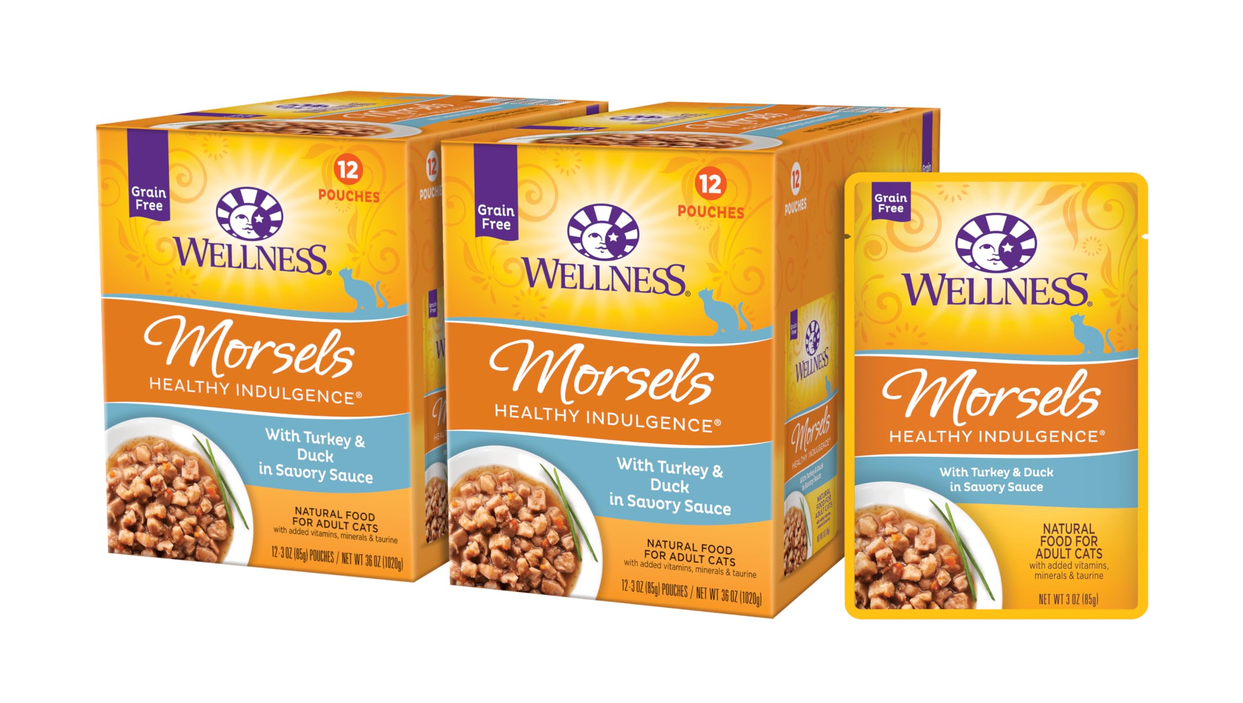 Wellness Healthly Indulgence Morsels Adult Wet Cat Food, Natural, Protein-Rich, Grain Free, 3 Ounce Pouch, 24 Pack, (Turkey & Du