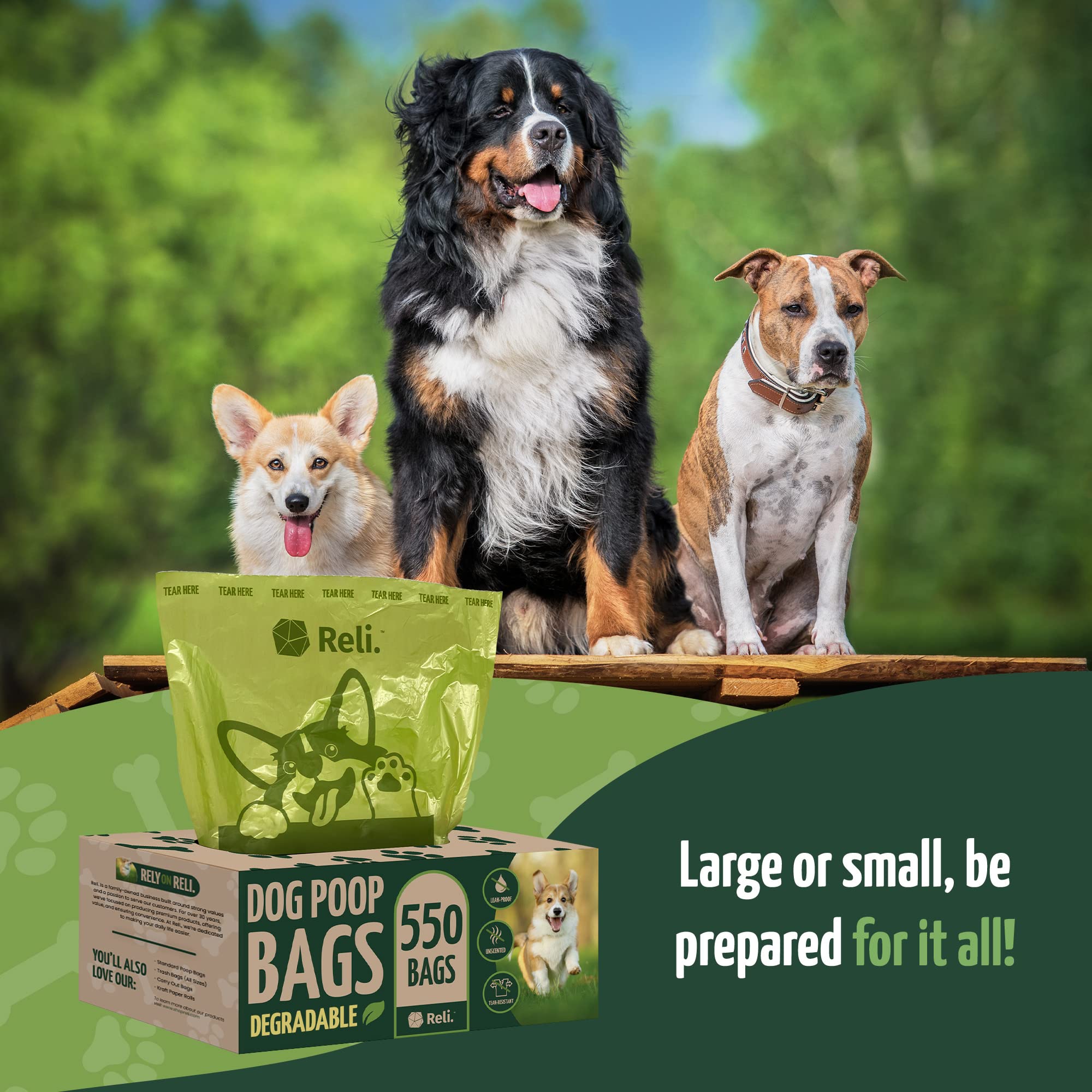 Reli. Biodegradable Dog Poop Bags - 550 Count Large Roll, Green, Eco-Friendly, Unscented, Oxobiodegradable Pet Waste Disposal