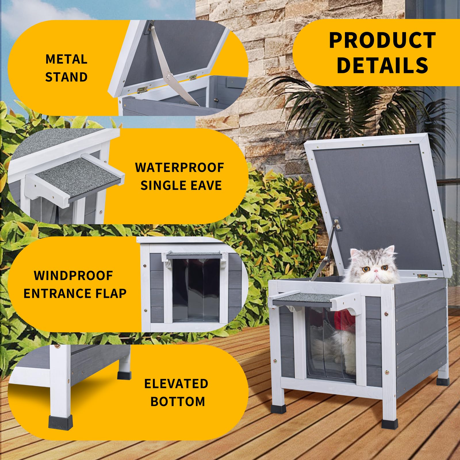 GEGURI Outdoor Cat House - Weatherproof Shelter for Cats & Dogs, Fir Wood, Grey/White, Model GEGURI-420