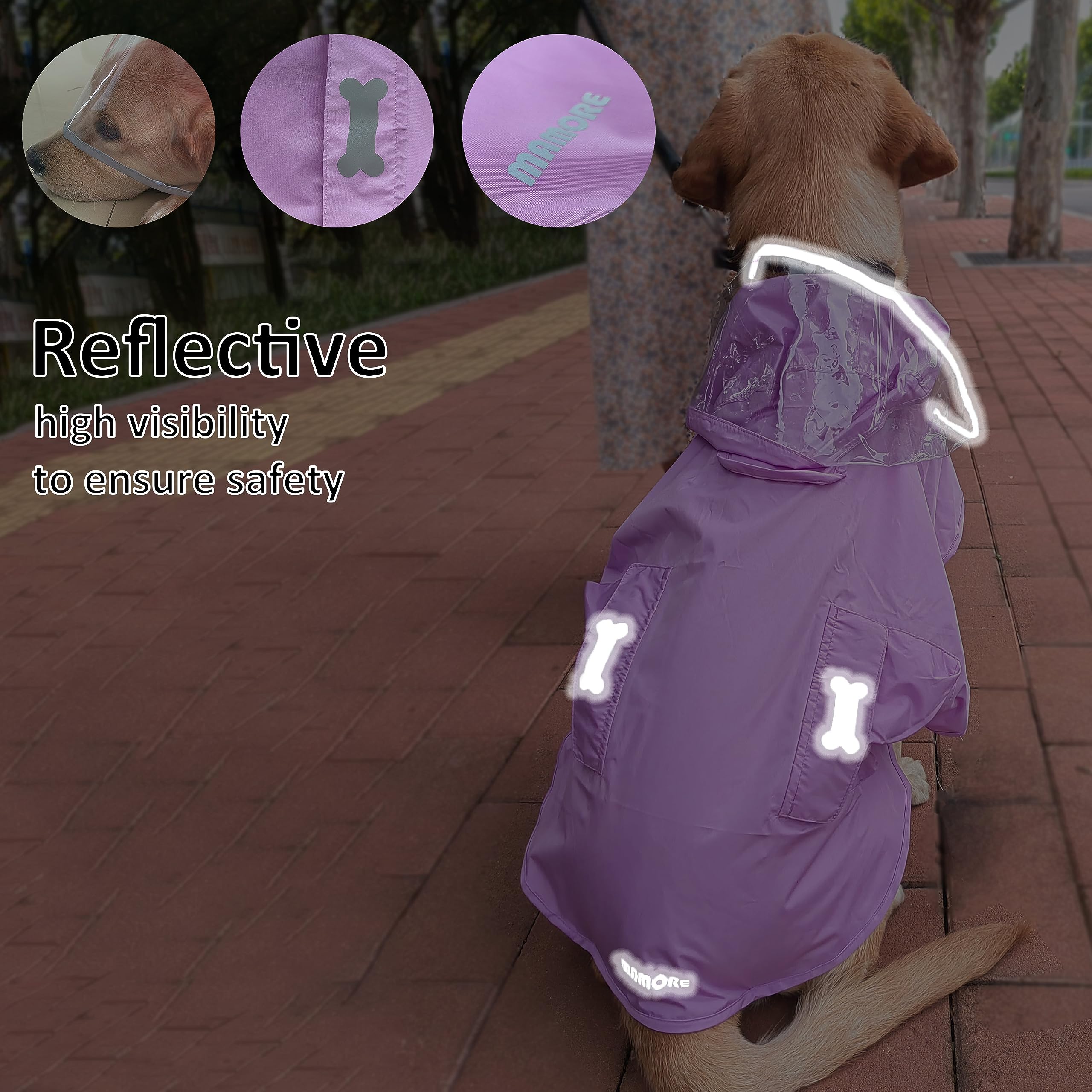Waterproof Dog Raincoat, Adjustable Reflective Lightweight Pet Rain Clothes With Poncho Hood(Large, Light Purple)