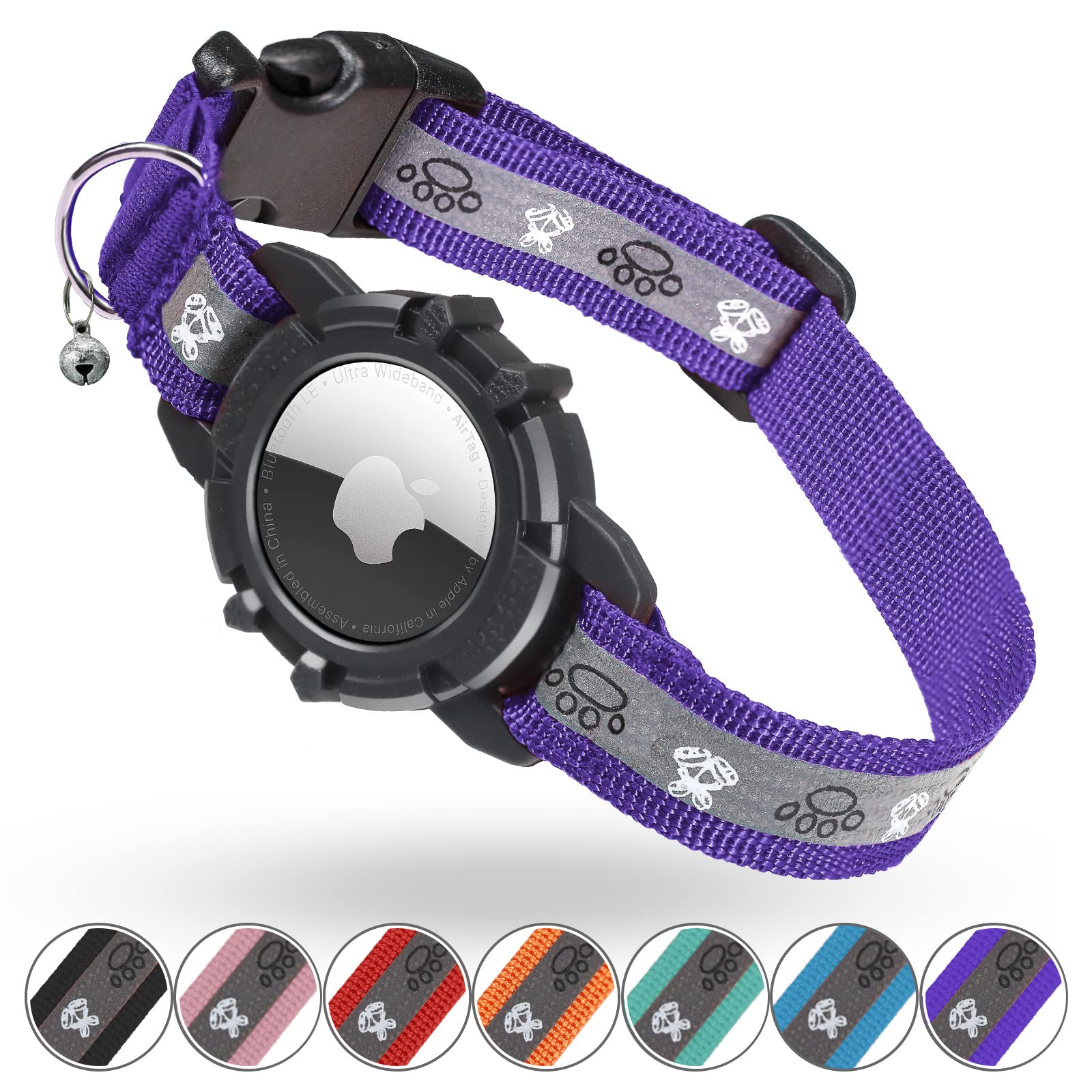 Odokele Reflective Airtag Cat Collar, Integrated Cat Tracker Collar With Air Tag Holder And Bell, Safety Elastic Band Cat Gps Collars For Girl Boy Cats, Kittens And Puppies (Purple, S)