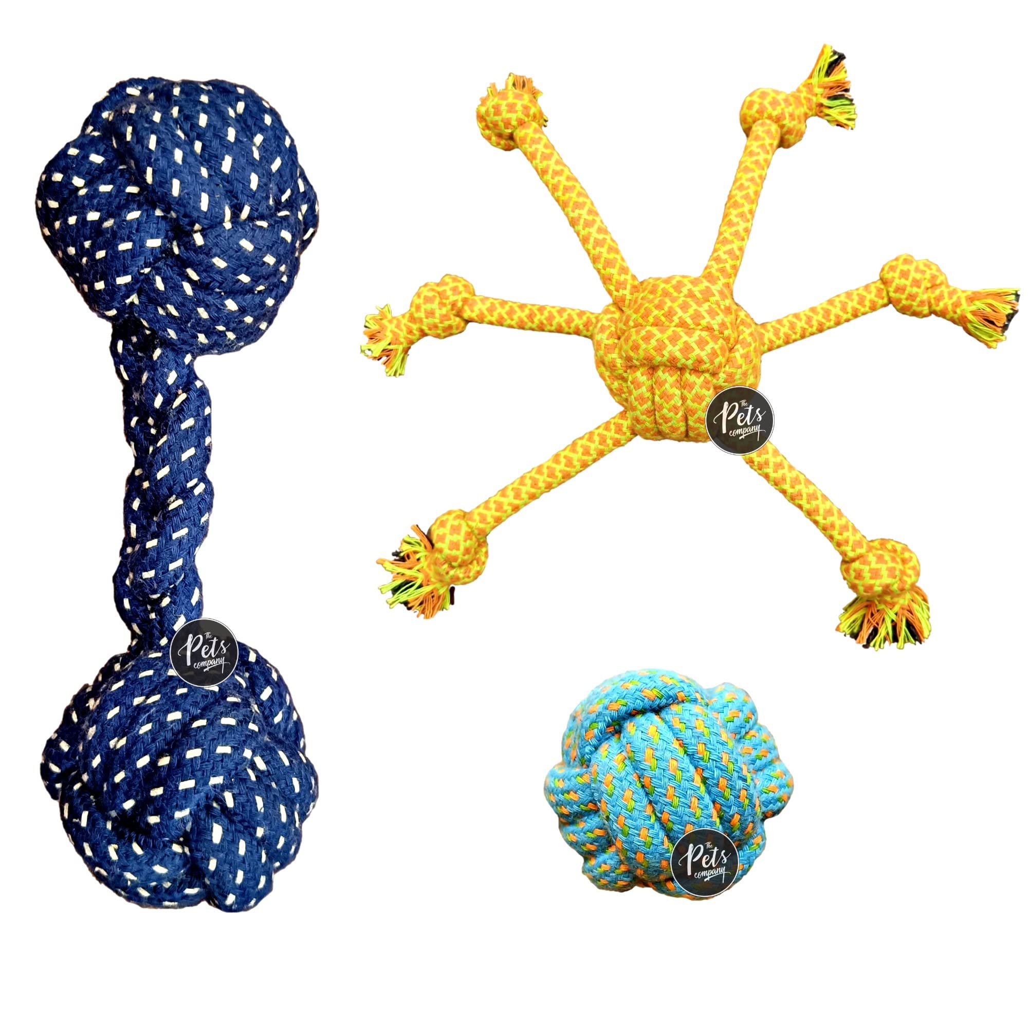 The Pets Company Dog Chew Toys For Puppy Teething & Training (Dumbell + Spider 6 Legs + Dog Ball), Dog Rope Toy Combo Of 3 For S