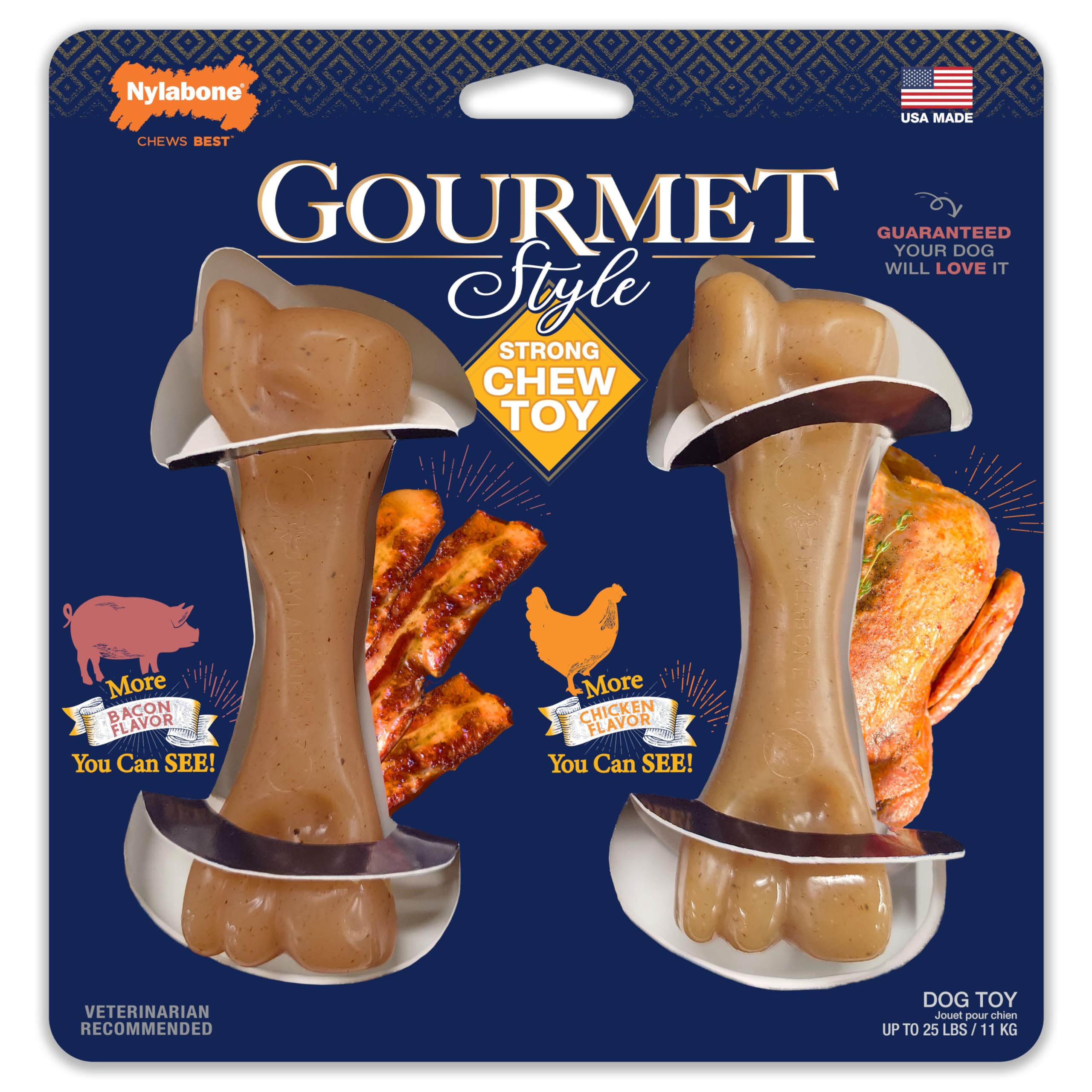 Nylabone Gourmet Style Strong Chew Toy Bundle, Toys for Dogs, Bacon & Chicken Flavor, Small - Up to 25 lbs, 2 Pack