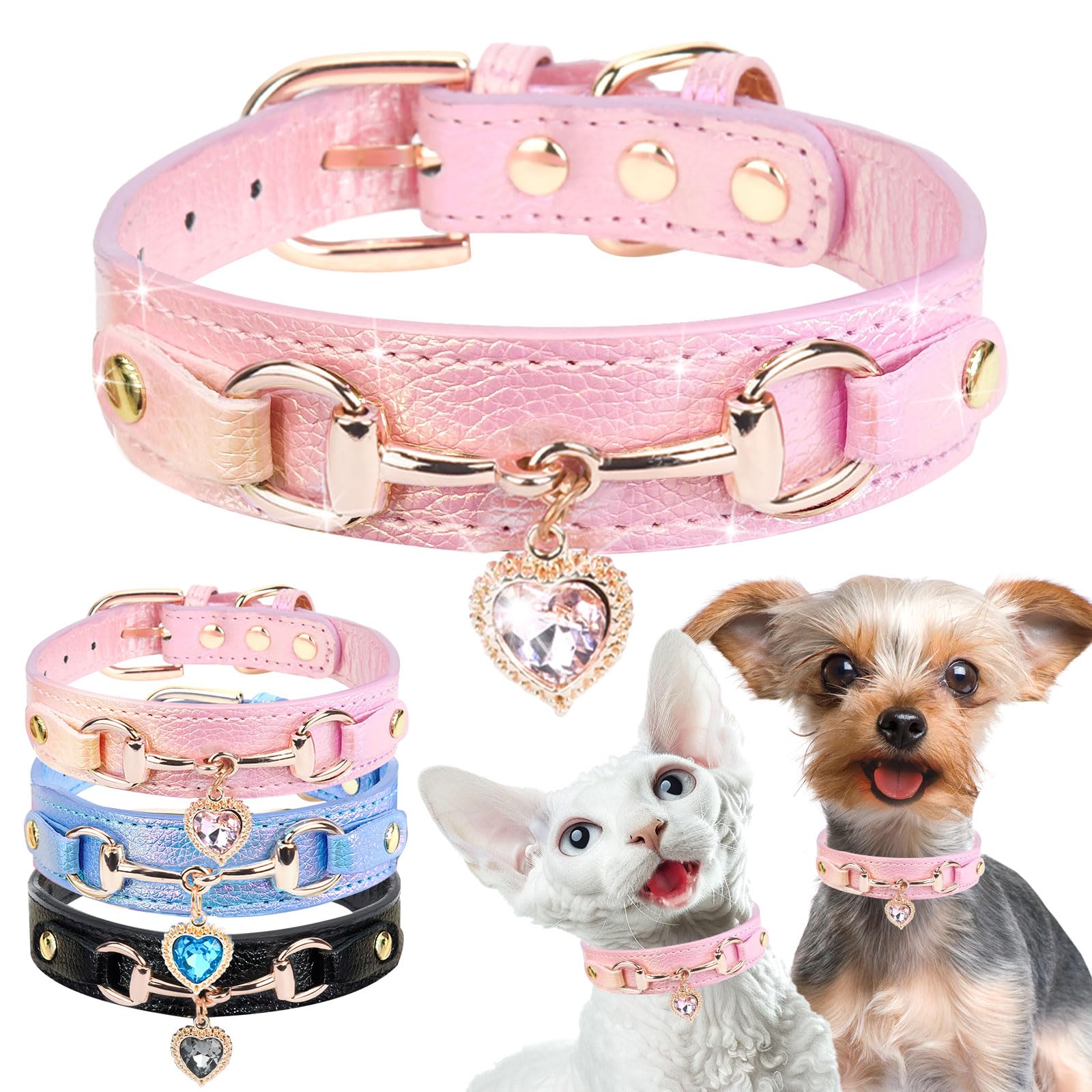 Petcare Cute Small Dog Cat Collar, Unique Pu Leather - Bling Sparkle In The Sunlit, Puppy Collars With Rhinestone Heart Pendant,