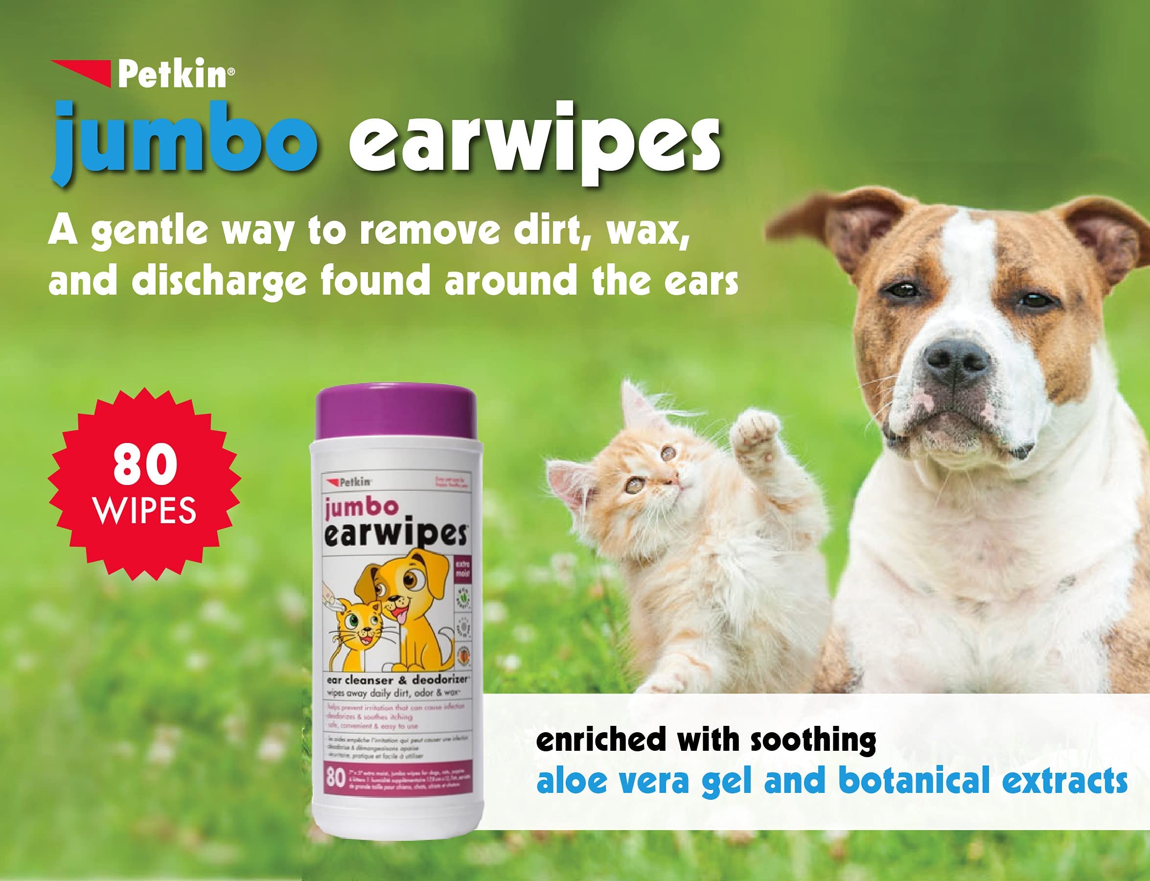 Petkin Jumbo Pet Ear Wipes - 80 Extra Moist Cleaning Wipes for Dogs & Cats - Soothing, Deodorizing, Easy to Use