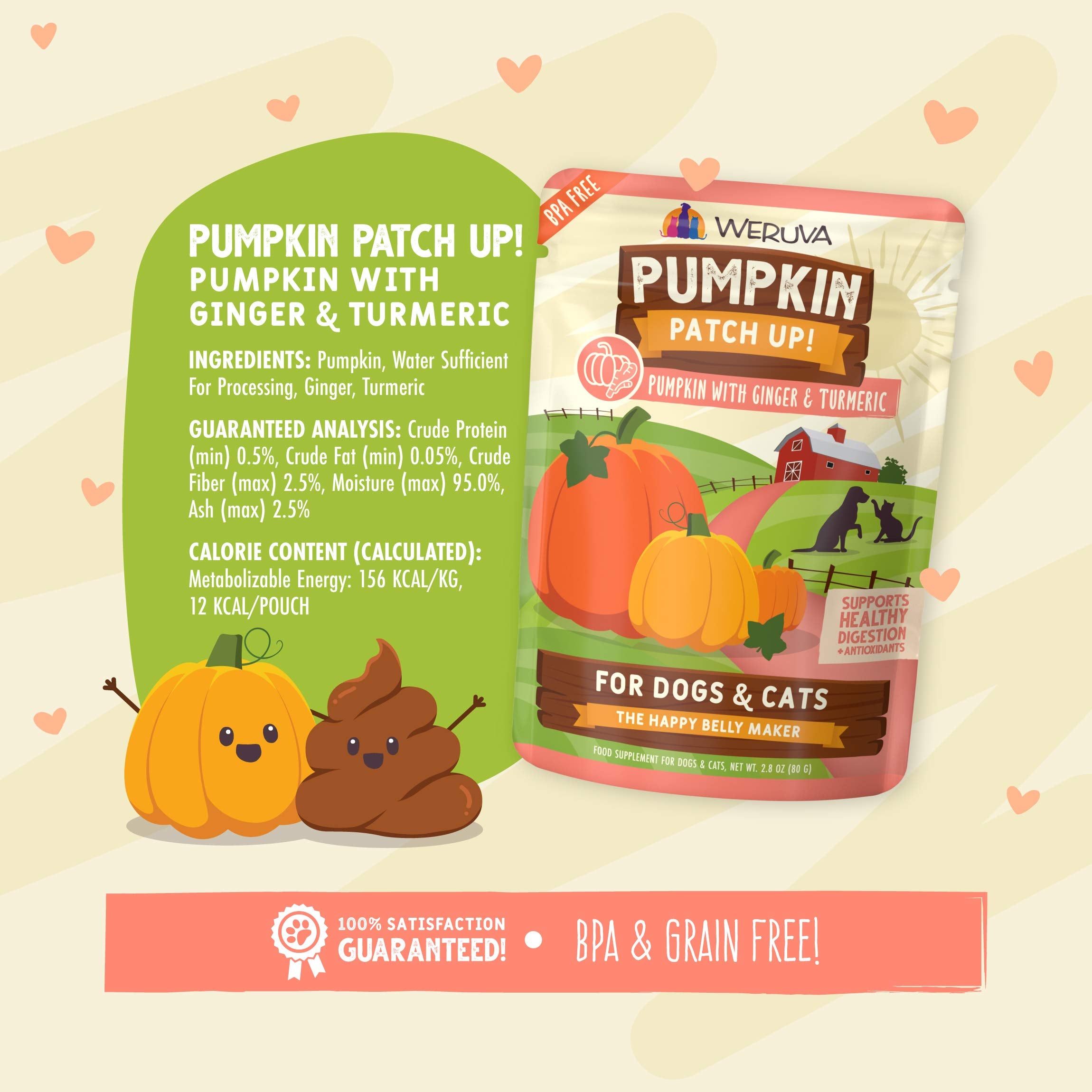 Weruva Pumpkin Patch Up!, Pumpkin with Ginger & Turmeric for Dogs & Cats, 2.8oz Pouch (Pack of 12)