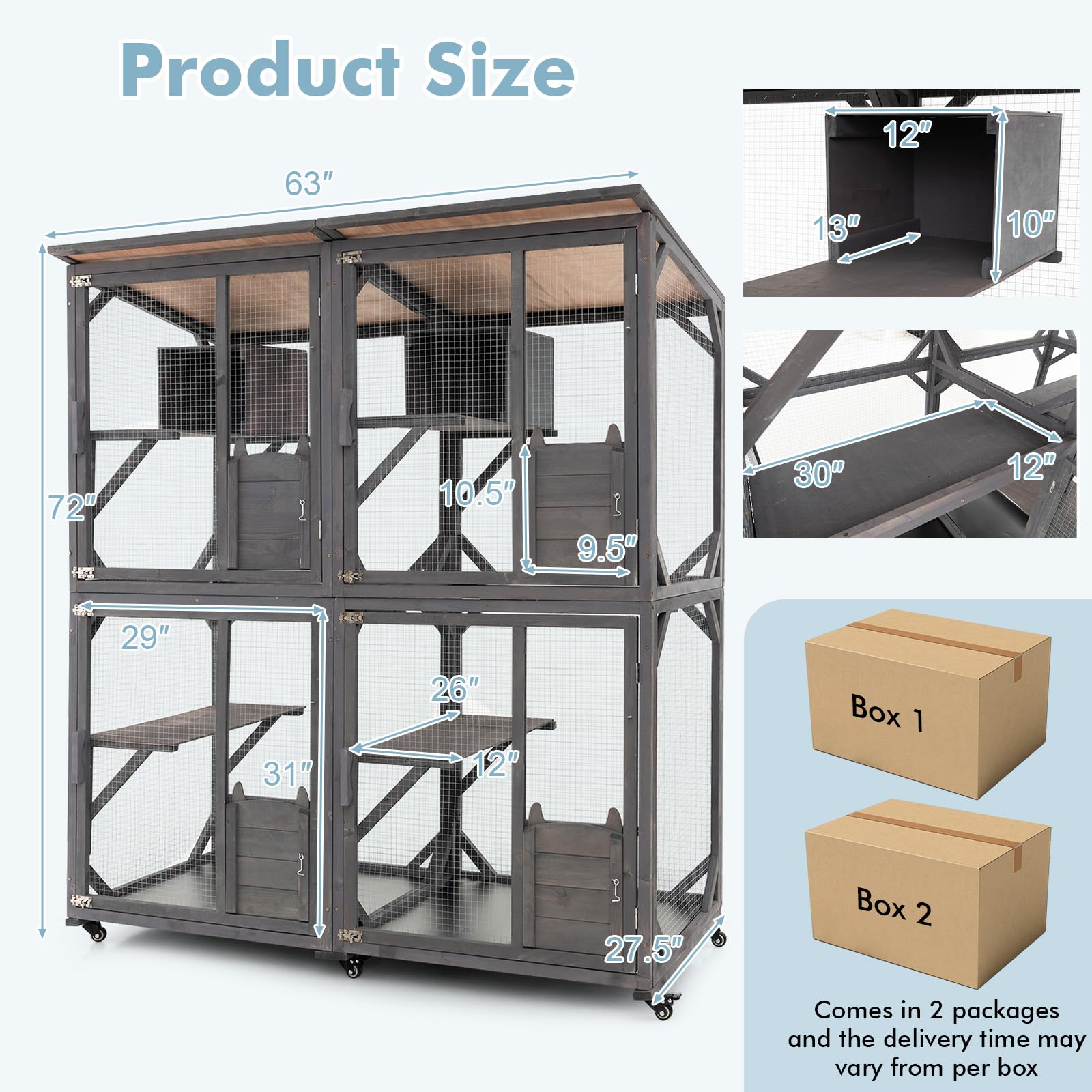Tangkula Catio Outdoor Cat Enclosure Large, 71 Inch Outdoor Cat House Weatherproof With Asphalt Roof, Wooden Cat Cage Playpen With 7 Jumping Platforms & 2 Resting Boxes, Walk-In Cat Kennel Condo