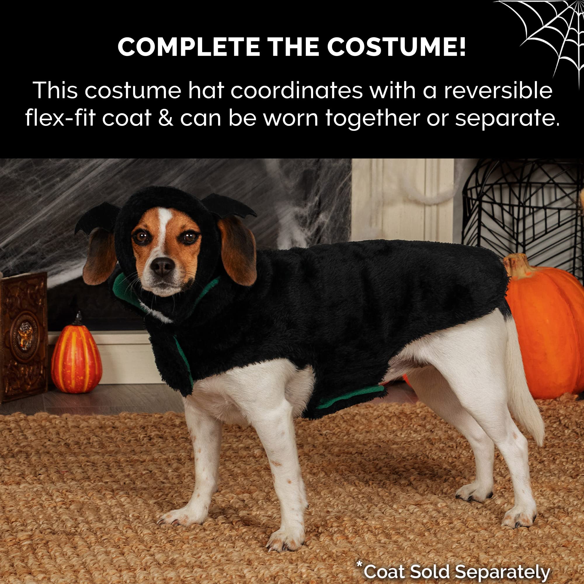 Furhaven Medium Dog Hat Flex-Fit Black Bat Plush Faux Fur Halloween Costume, Washable - Black, Medium