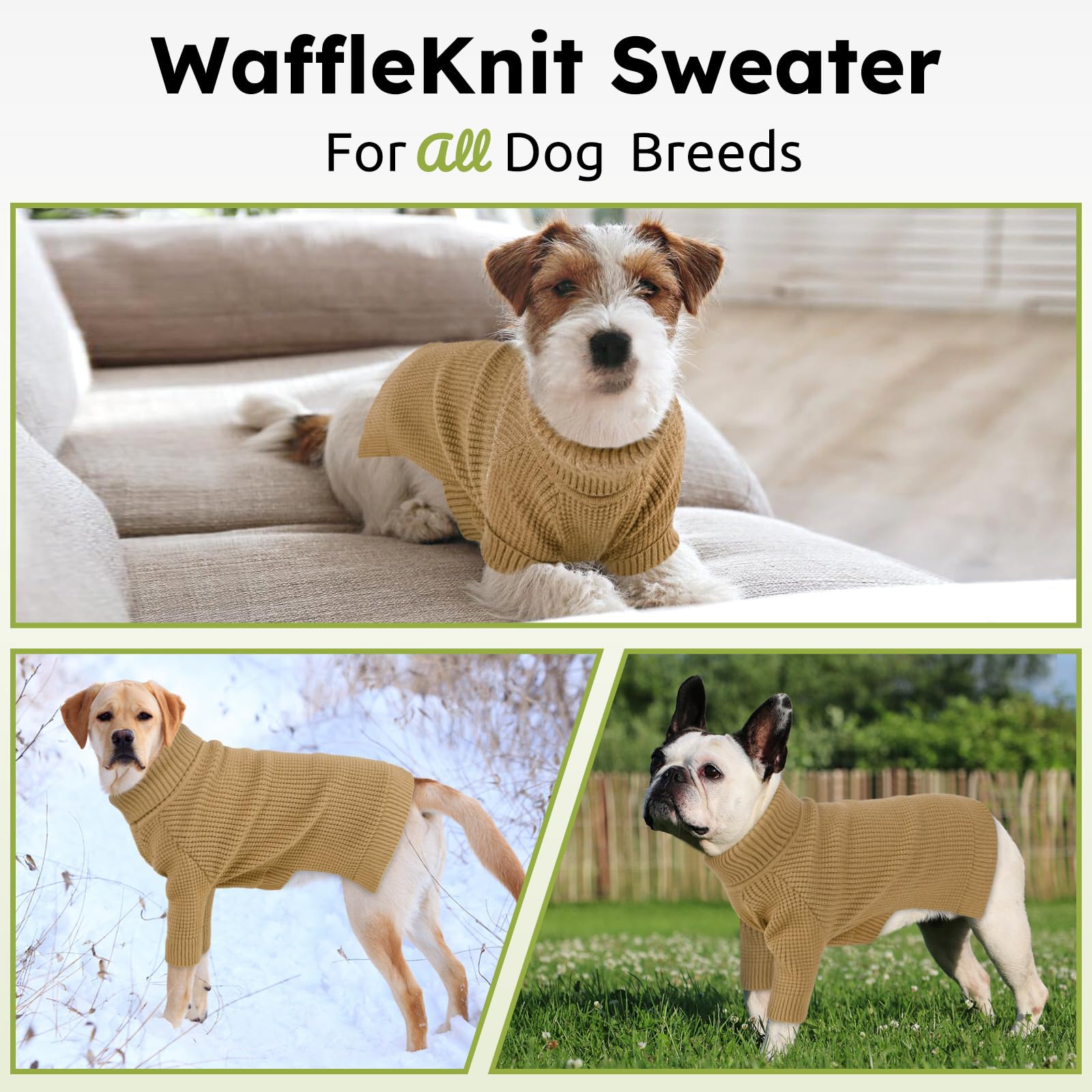 Queenmore Dog Sweater, Turtleneck Long Sleeve Knitted Dog Sweater With Check Pattern, Fall Winter Warm Pet Sweaters, Solid Pull-