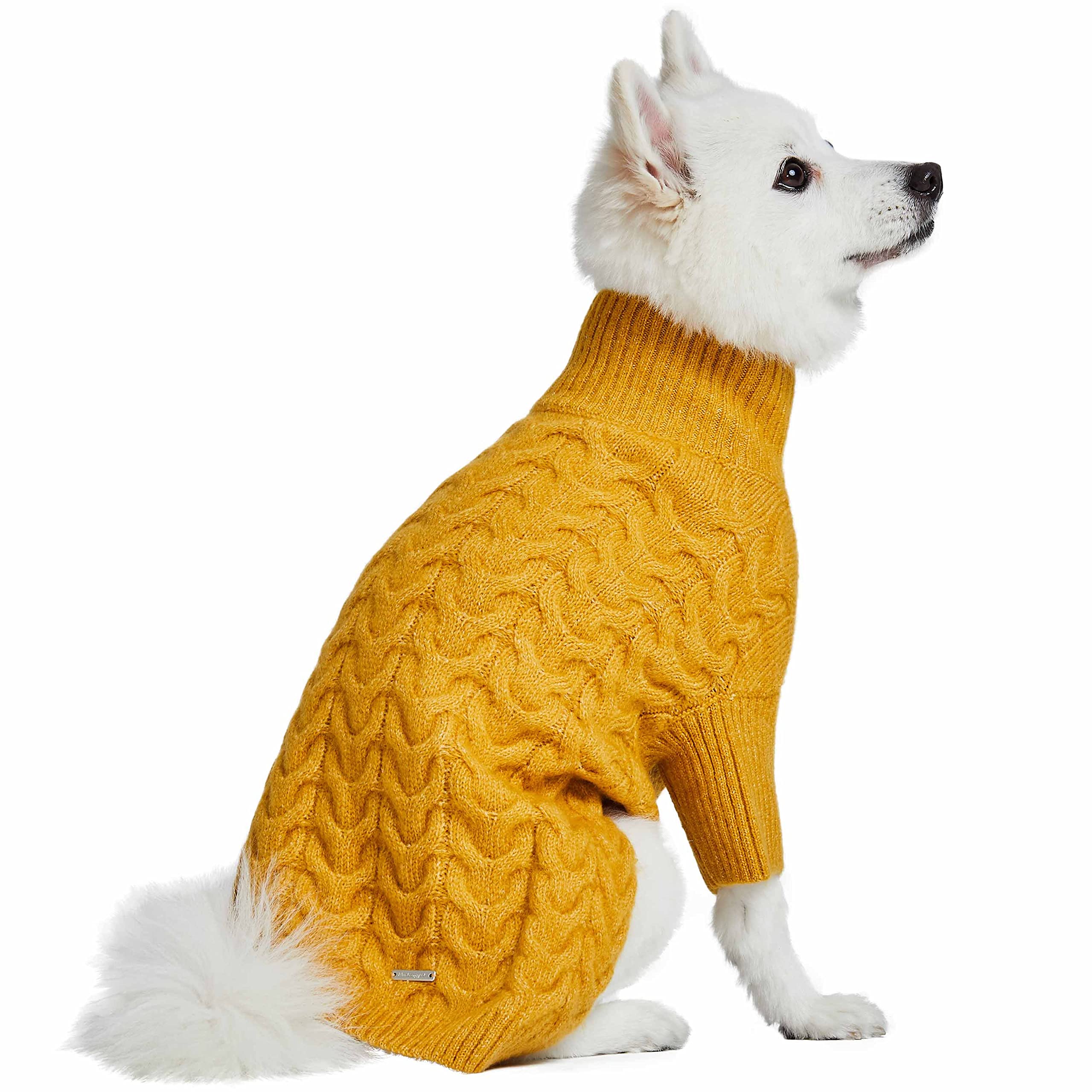 Blueberry Pet Classic Fuzzy Textured Knit Pullover Turtle-Neck Dog Sweater In Mustard Yellow, Back Length 16', Pack Of 1 Clothes For Dogs