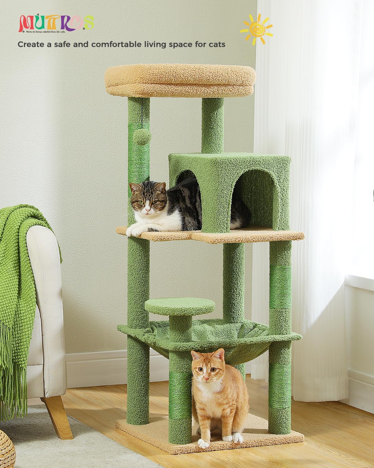 Muttros Cactus Cat Tree For Indoor Cats, 45.7' Multi-Level Cat Tower With Large Metal Frame Hammock, Cat Condo With 4 Scratching Posts And Top Perch For Small Medium Cat, Green
