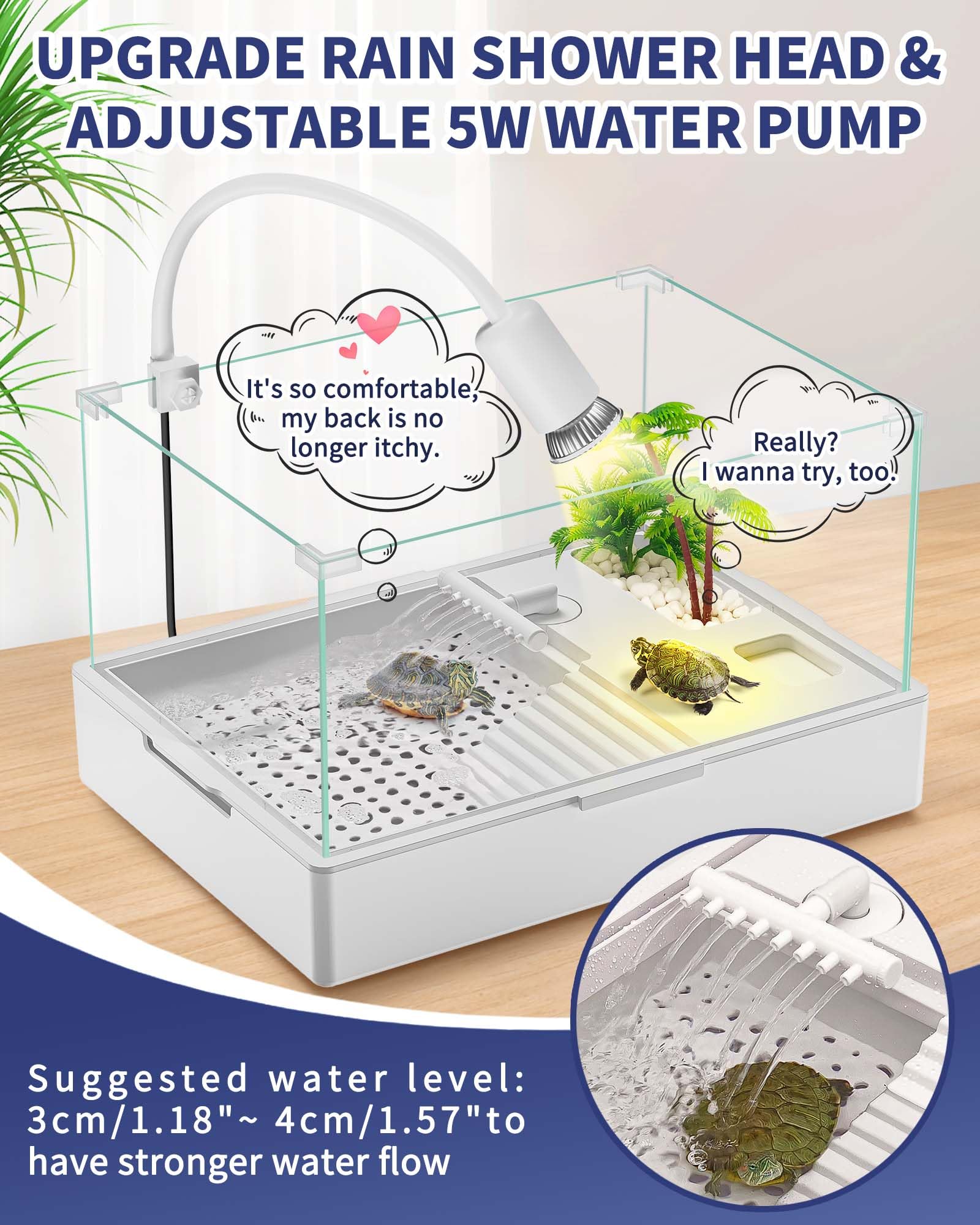 Moonorange Small Turtle Tank (Tank + Water Pump), Acrylic Turtle Tank Starter Kit With Upgrade Rain Shower Head, Adjustable 5W W
