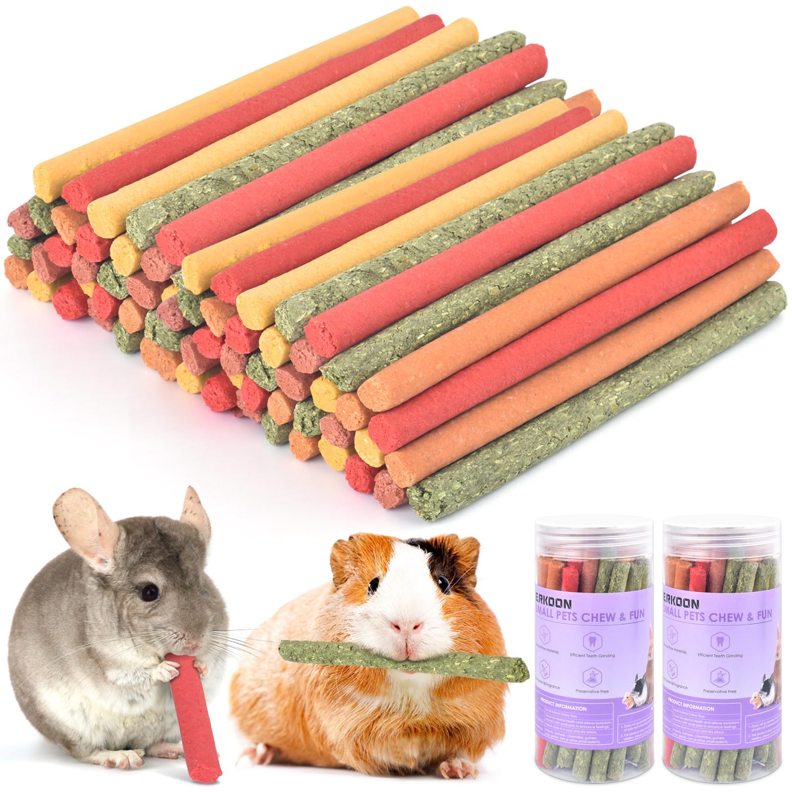ERKOON 40Pcs Rabbit Timothy Hay Sticks, Five Flavors:PurplePotato/TimothyHay/Pumpkin/Strawberry/Carrot,Suitable Guinea Pig, Hams