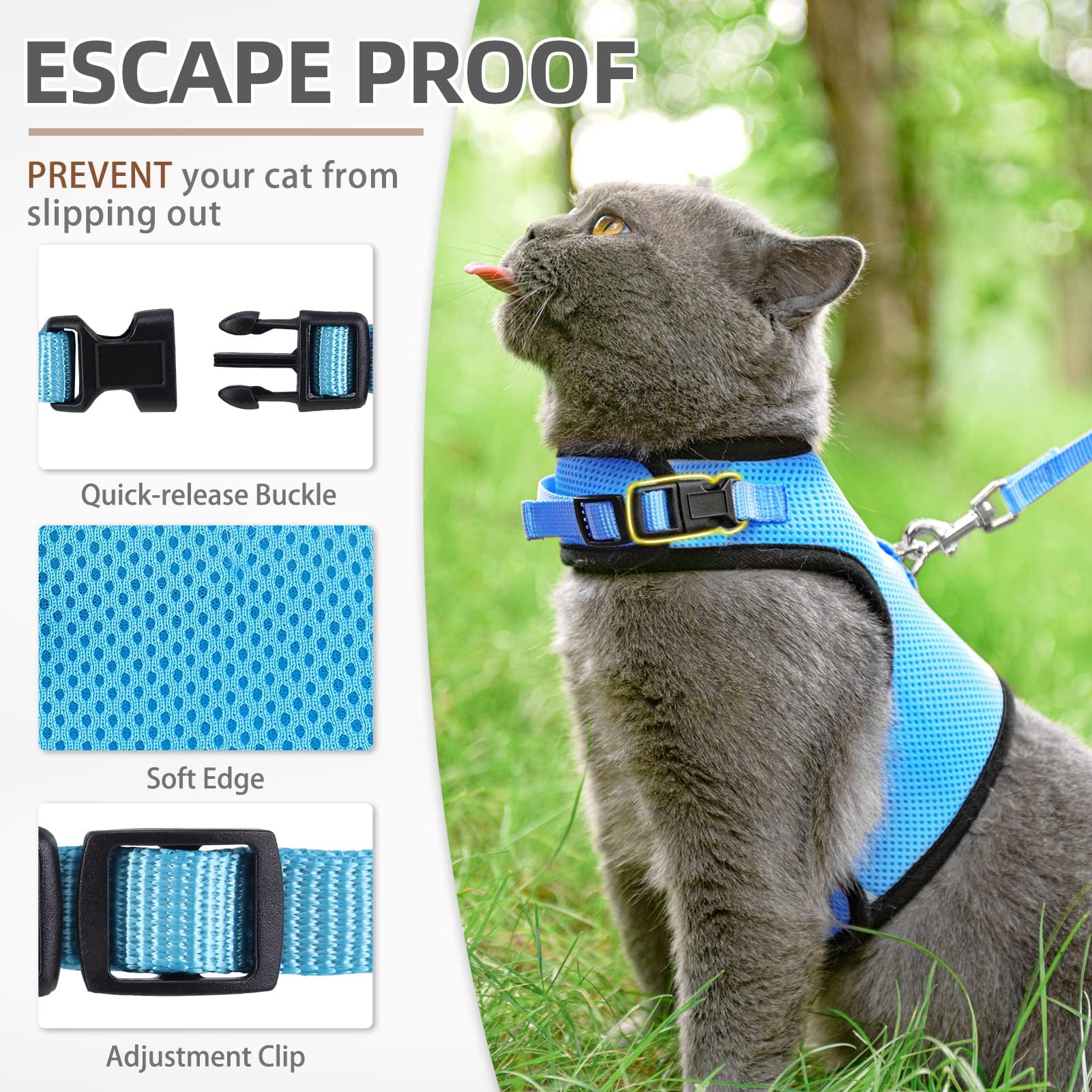 PUPTECK Soft Mesh Cat Vest Harness & Leash Set, Escape Proof for Small Dogs & Cats, Blue, S (Neck 6", Chest 8.5")