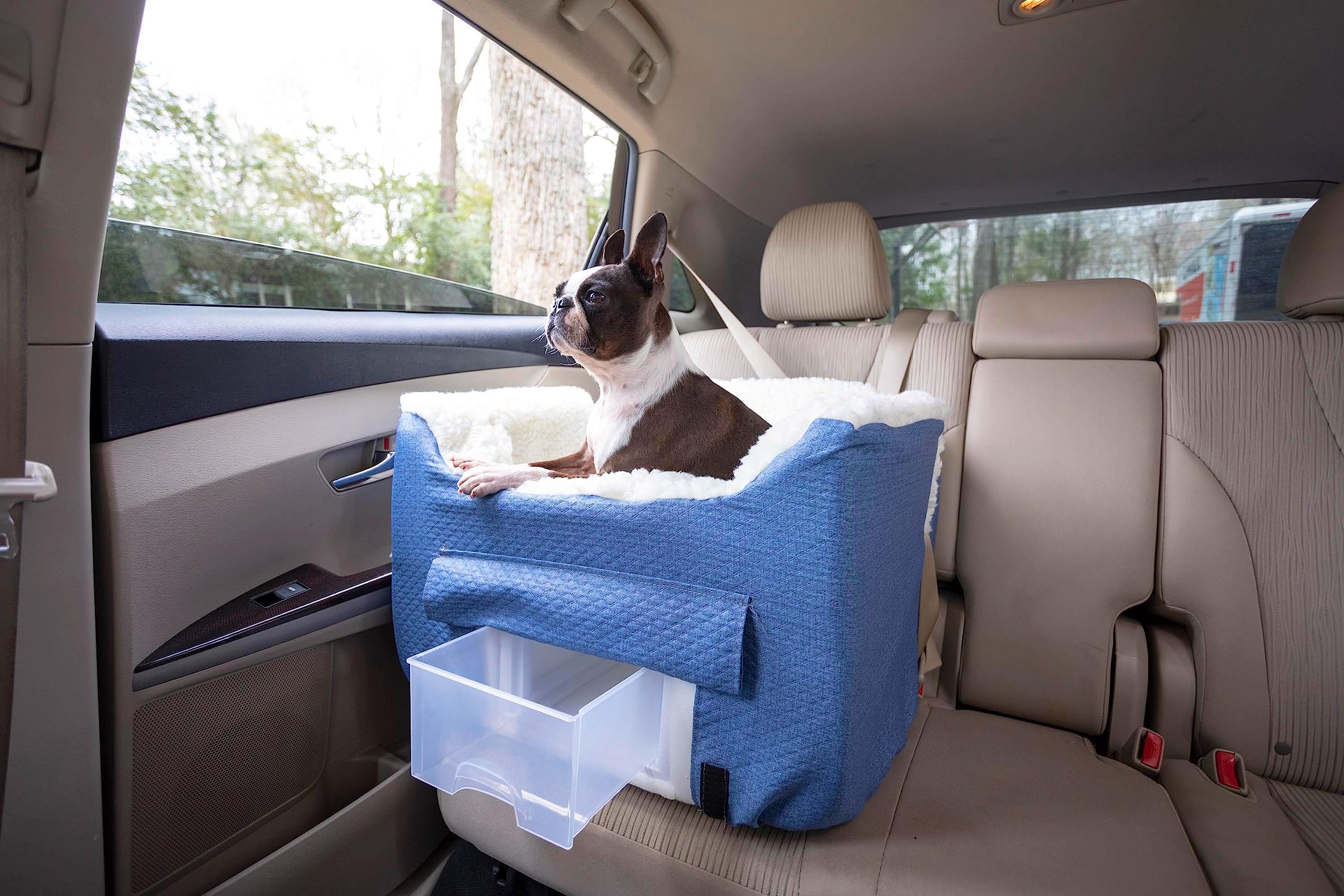 Snoozer Dog Car Seat with Storage Tray: Lookout II Car Seat for Small Dogs Under 25lbs, Size: Medium, Fabric: Denim Diamond, Pet