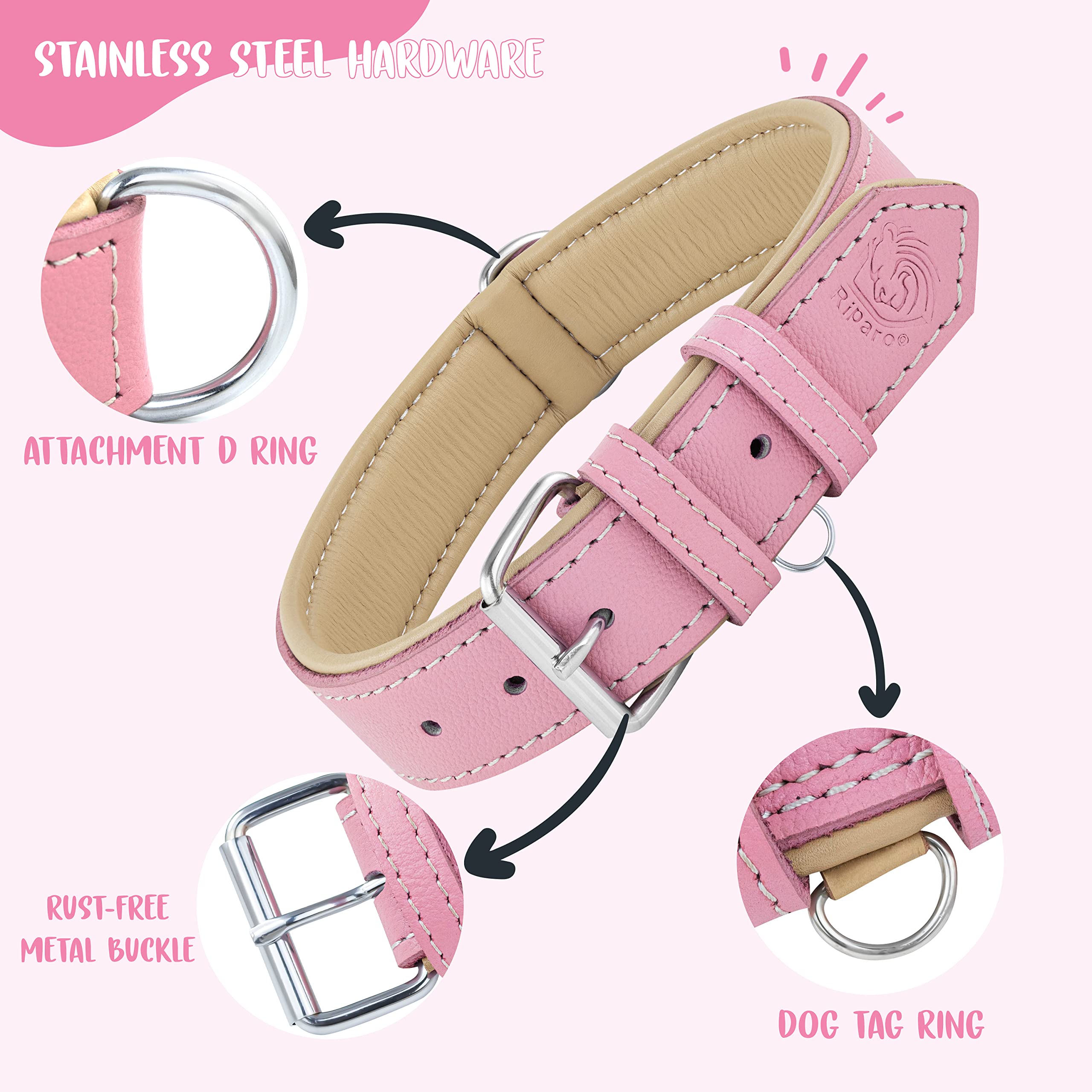 Riparo Genuine Leather Pink Dog Collar Heavy Duty K-9 Adjustable Dog Collar (L: 1.5'' Wide For 17''-21'' Neck, Pink)