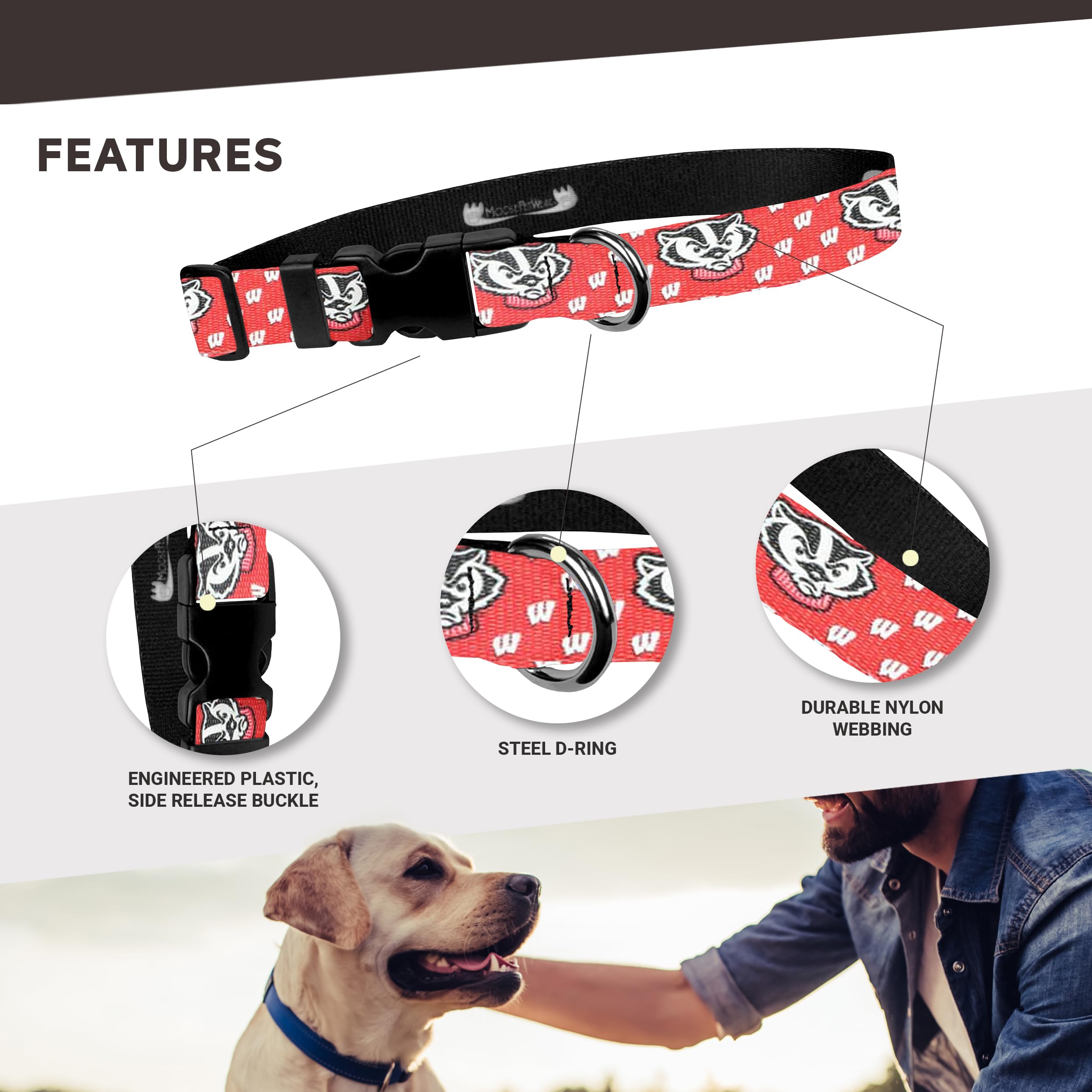 University Of Wisconsin Dog Collar - Deluxe Adjustable Dog Collars, 1' Wide Collar Adjusts 13 - 21', Large, Red Badger