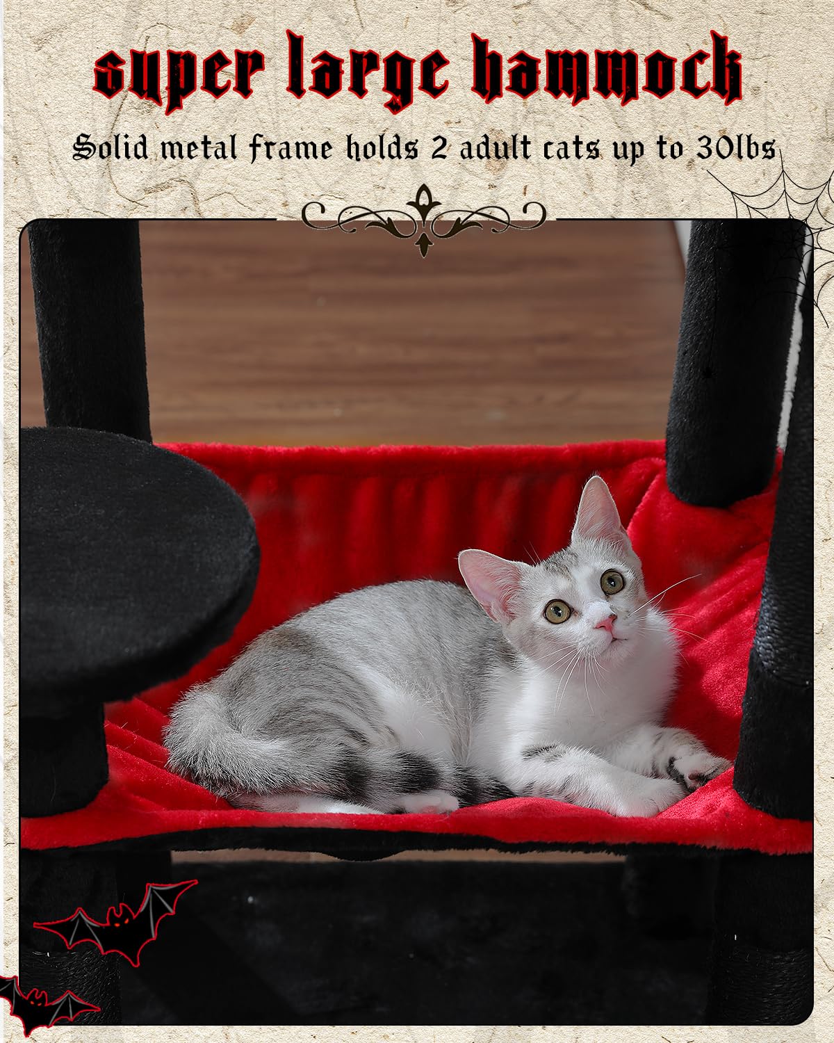 Muttros Gothic Cat Tree With Super Large Hammock, 56.3' Black Cat Tower With Coffin Bed, Cat Condo, Sisal Scratching Posts & Top Perch, Multi-Level Goth Cat Tree, Halloween, Black
