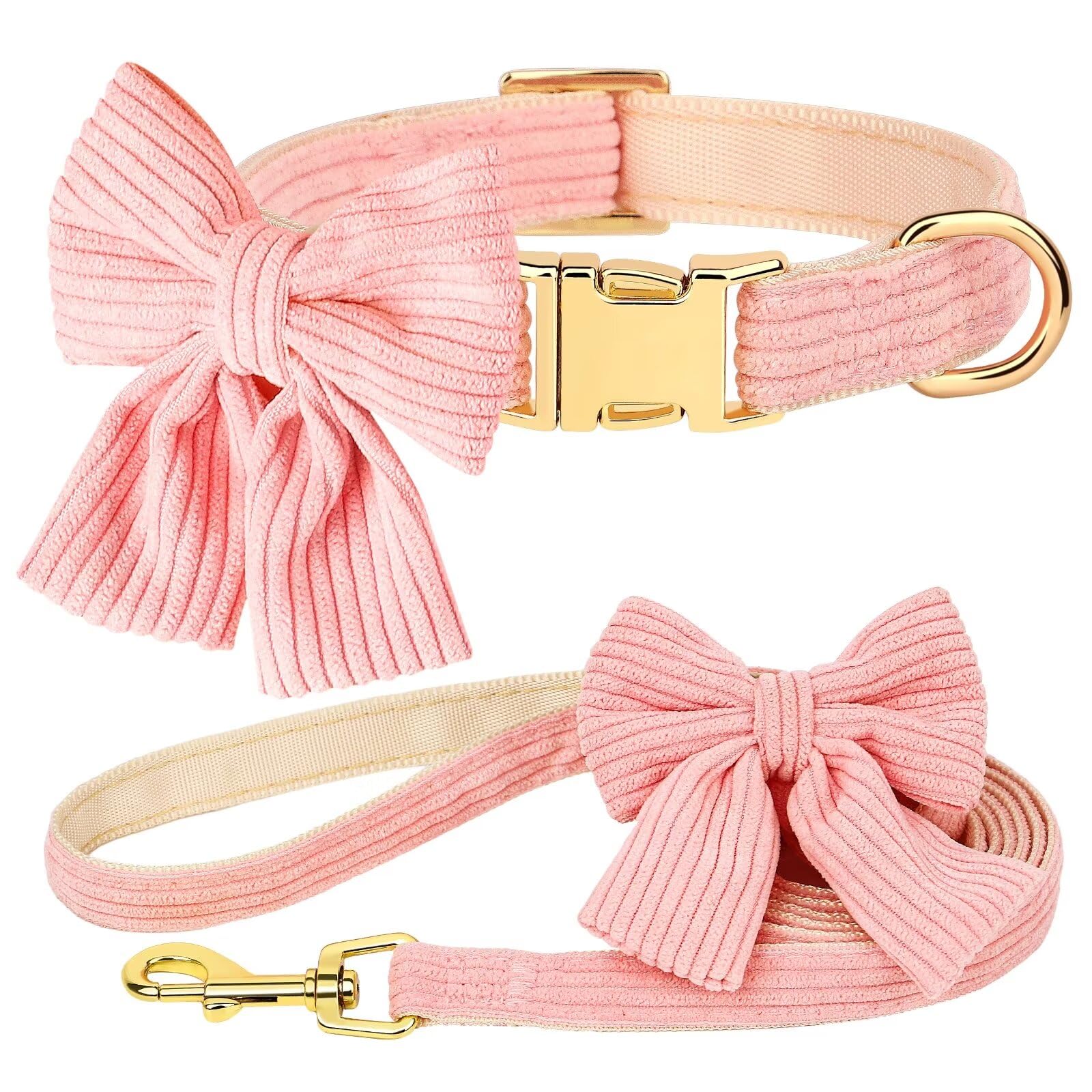 Didog Dog Collar And Leash Set With Bowtie, Girl Dog Collars Metal Buckle Adjustable For Small Medium Dogs(Pink, S)