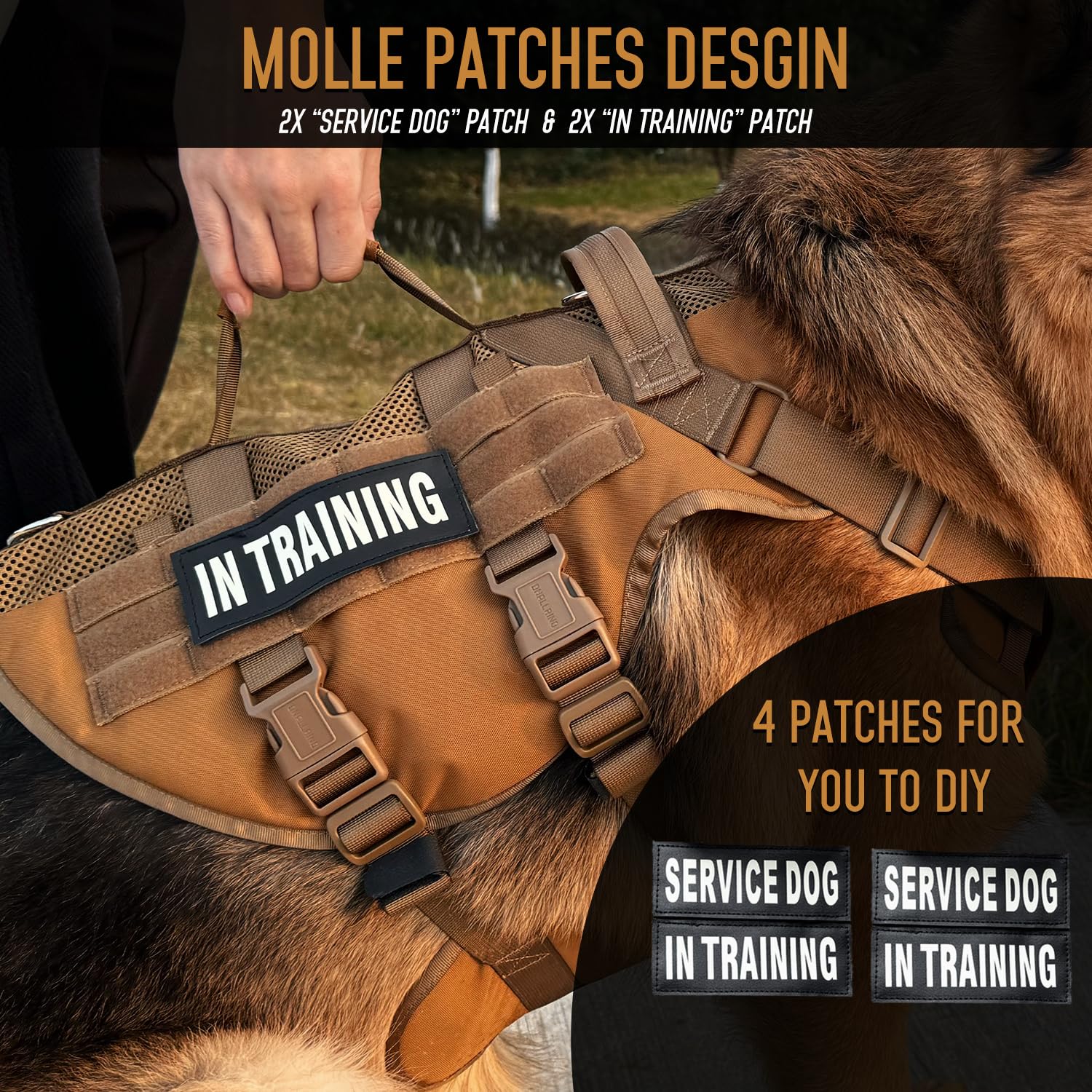 Dnallrino Tactical Dog Harness - Large, Breathable Nylon Vest, Army Brown, Model T23, No Pull with Double Handles for Hiking & Training