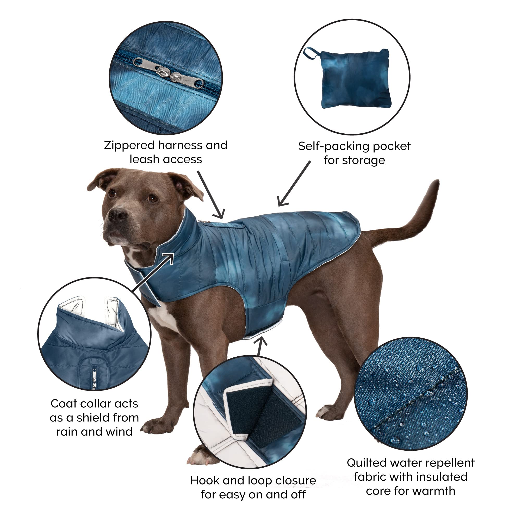 Furhaven Water-Repellent & Reversible Medium Dog Coat, Washable & Reflective w/ Leash Access, Pocket, & Carry-On Purse - Puffer