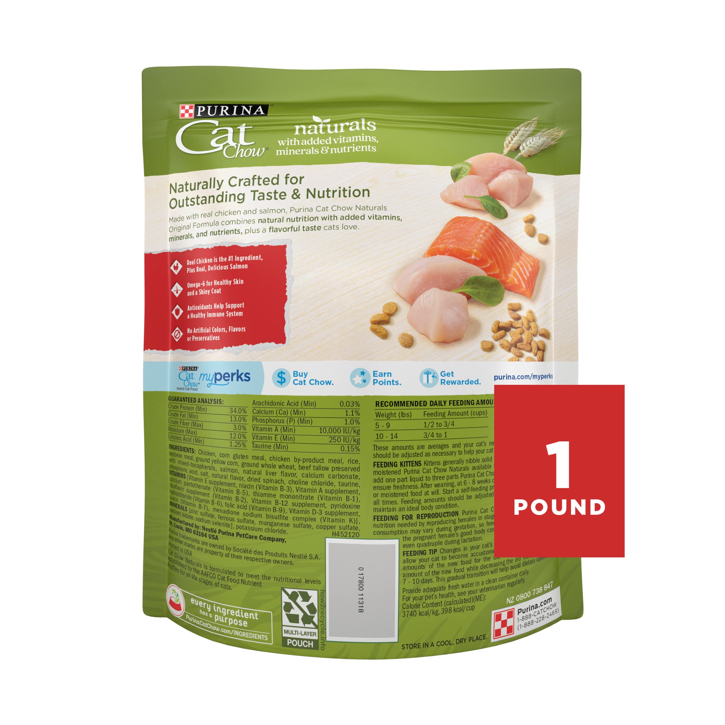 Purina Cat Chow Naturals With Added Vitamins, Minerals and Nutrients Dry Cat Food, Naturals Original - (6) 16 oz. Pouches