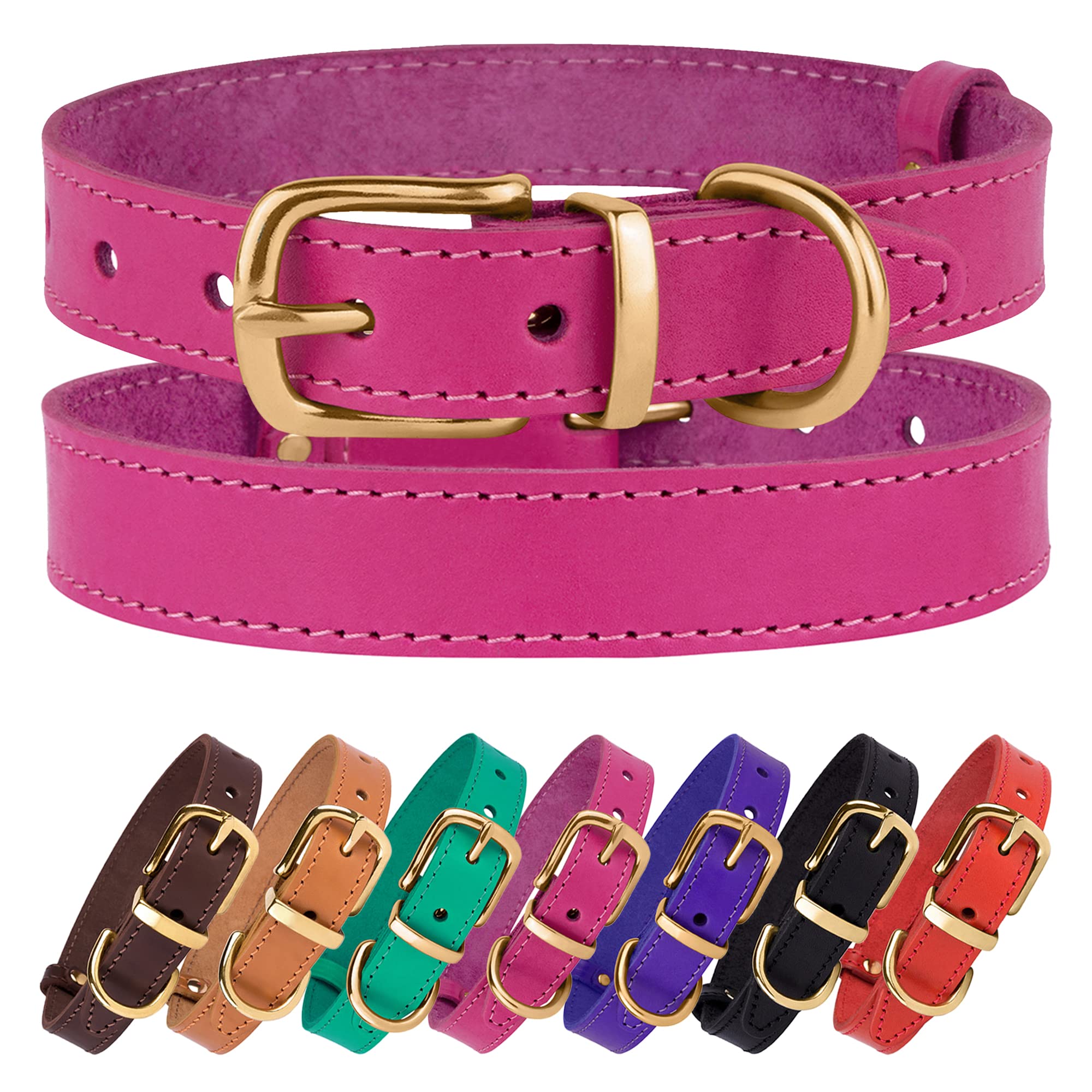 Bronzedog Leather Dog Collar With Metal Buckle Durable Basic Pet Collars For Small Medium Large Dogs (14-17 Inch (Pack Of 1), Pink & Gold Buckle)