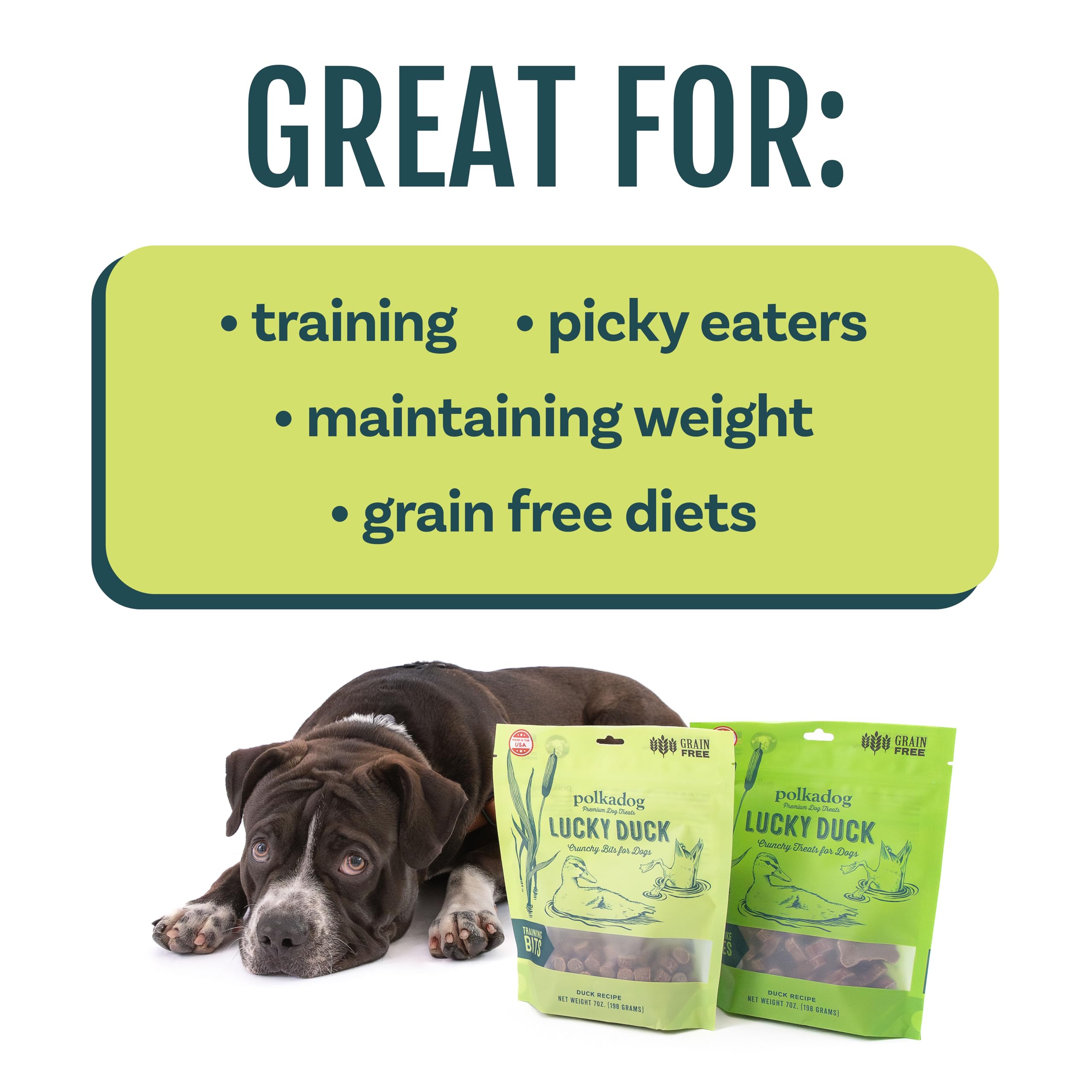 Polkadog Lucky Duck Crunchy Training Bits - All Natural, Grain Free Healthy Training Treats for Dogs. Handcrafted & Made in USA.
