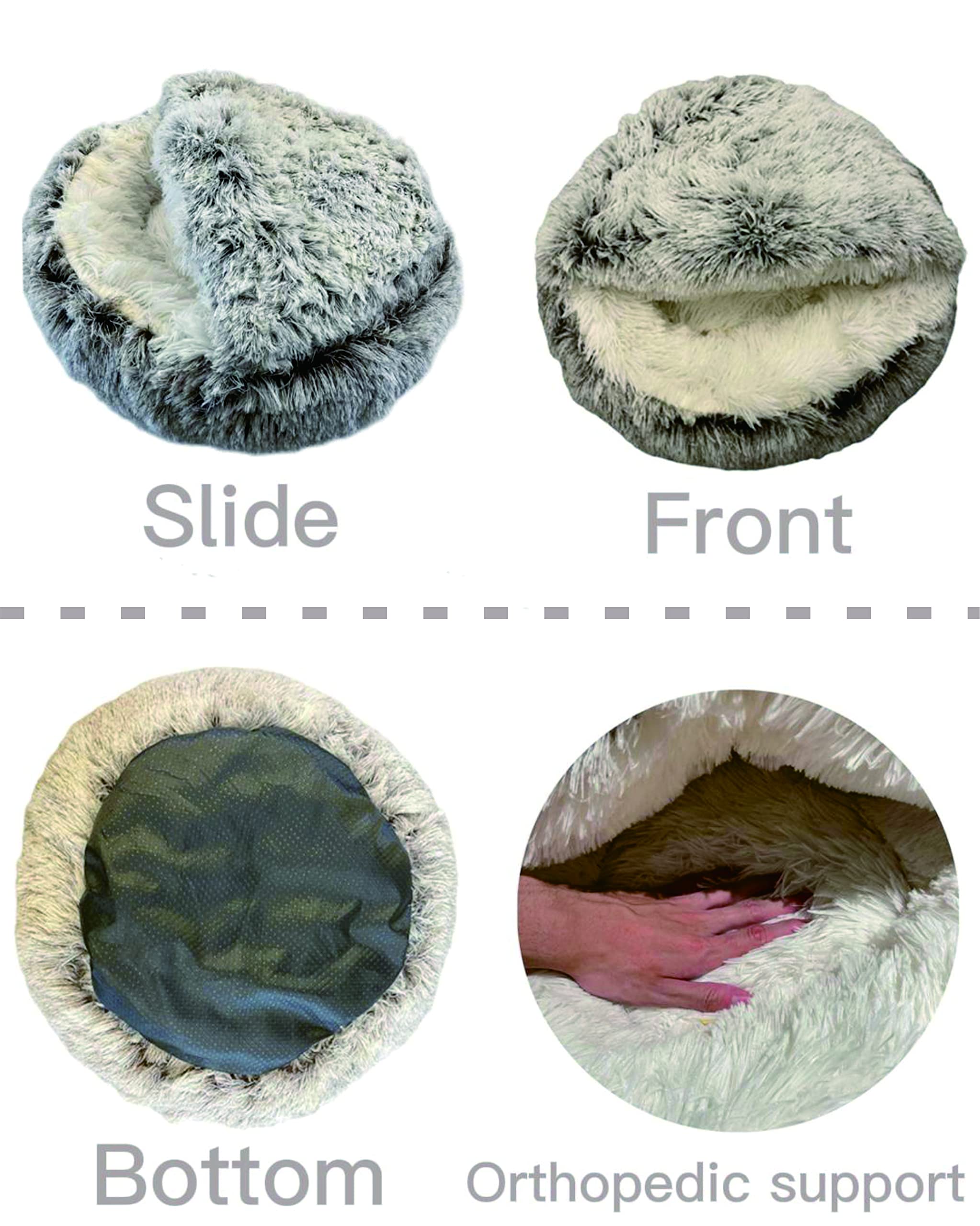 ShinHye Cat Bed Round Plush Hooded Cave - Cozy 20" Grey Cotton Pet Bed, Washable & Waterproof for Indoor Cats & Small Dogs