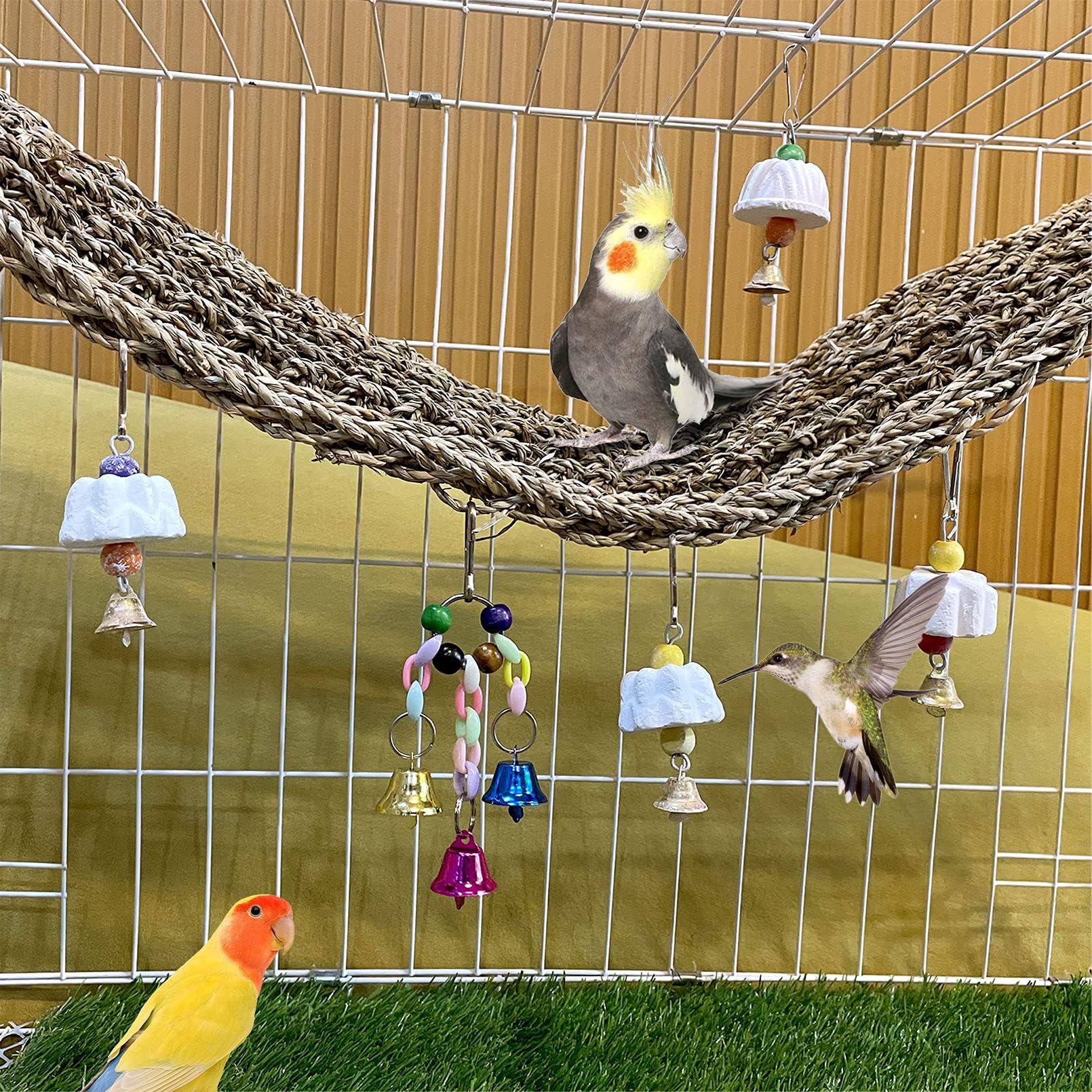 Bird Seagrass Mat,Natural Seagrass Woven Net Bird Foraging Chew Wall Toys Parakeet Hammock Mat With Hooks For Lovebird Cockatiel Conure Budgie,Size 28.3' X 6.7' And 11.81' X 11.81'(2 Pcs)