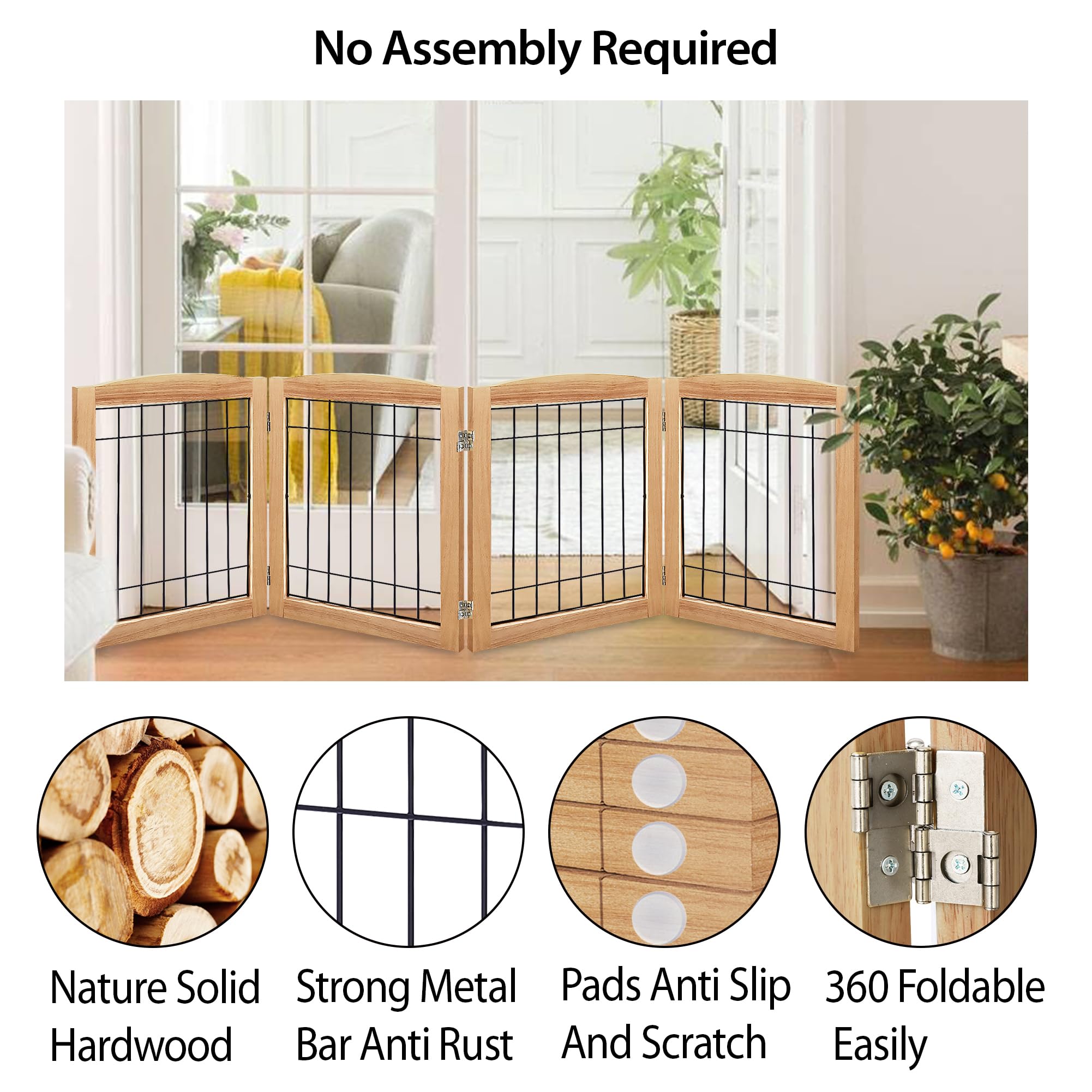 Lzrs 4-Panel Extra-Wide Wooden Freestanding Dog Gate: Foldable Solid Wood And Steel Wire Chew Resistant Safety Barrier For Doorw