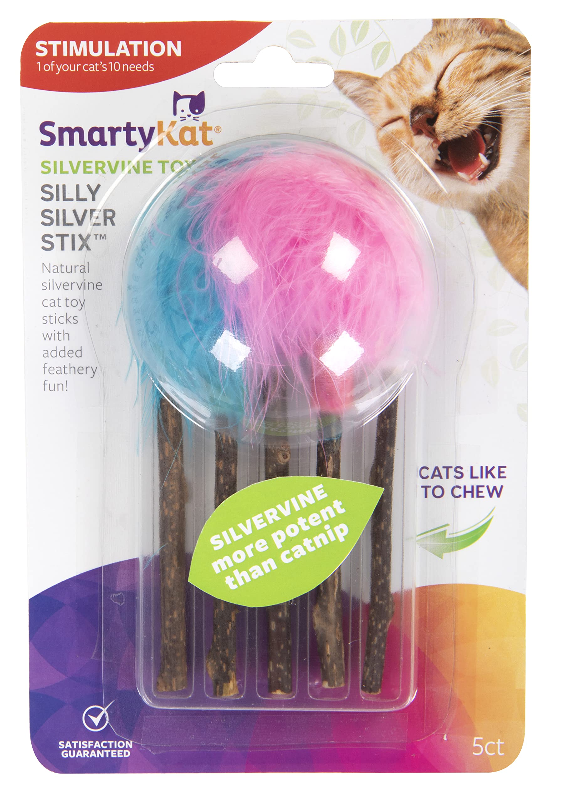 SmartyKat (5 Count) Silly Silver Stix Natural Silvervine Cat Toys - Blue/Pink, One Size