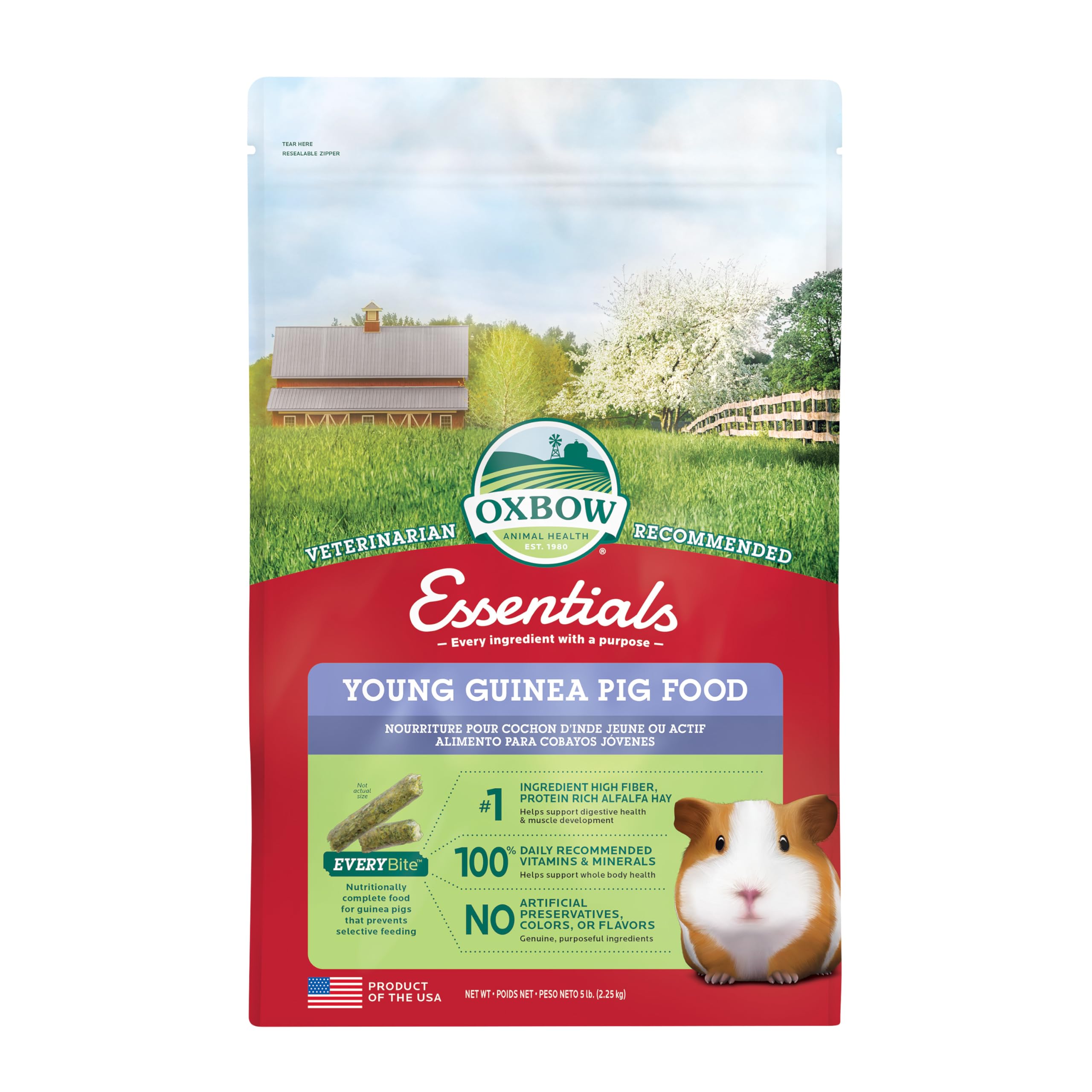 Oxbow Essentials Guinea Pig Food, Young Guinea Pig, Made Alfalfa Hay, Pet Food Pellets with Vitamin C, Small Animal Pet Products
