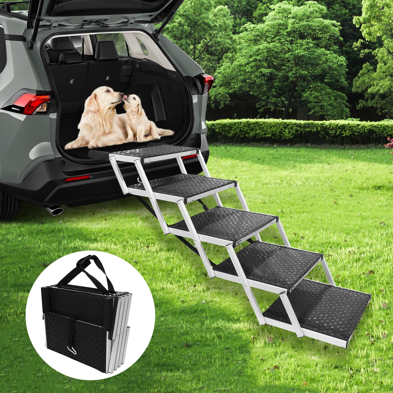 Pensun Dog Stairs With Nonslip Surface Portable Folding Pet Ramp For Car, Suv And Trucks Foldable Truck Ramp Stairs For Small To