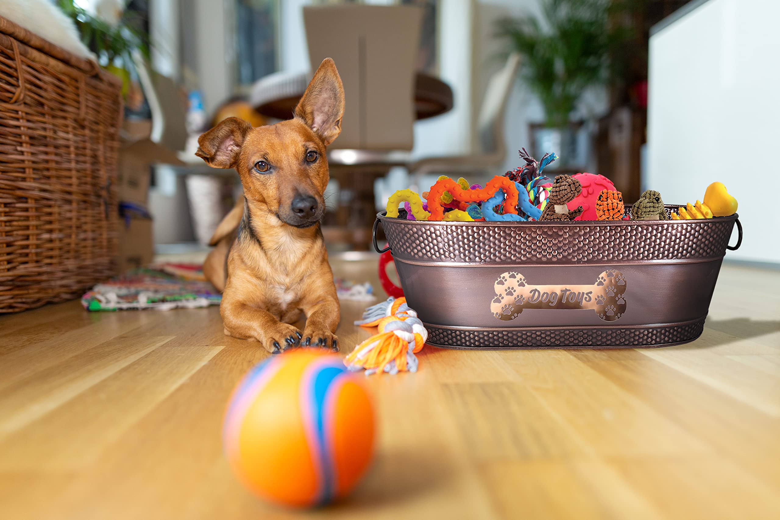 BREKX Metal Dog Toy Bin - Galvanized Organizer Basket, 15 Quart, Copper, Pawprint Design, Ideal for Pet Toys and Home Decor