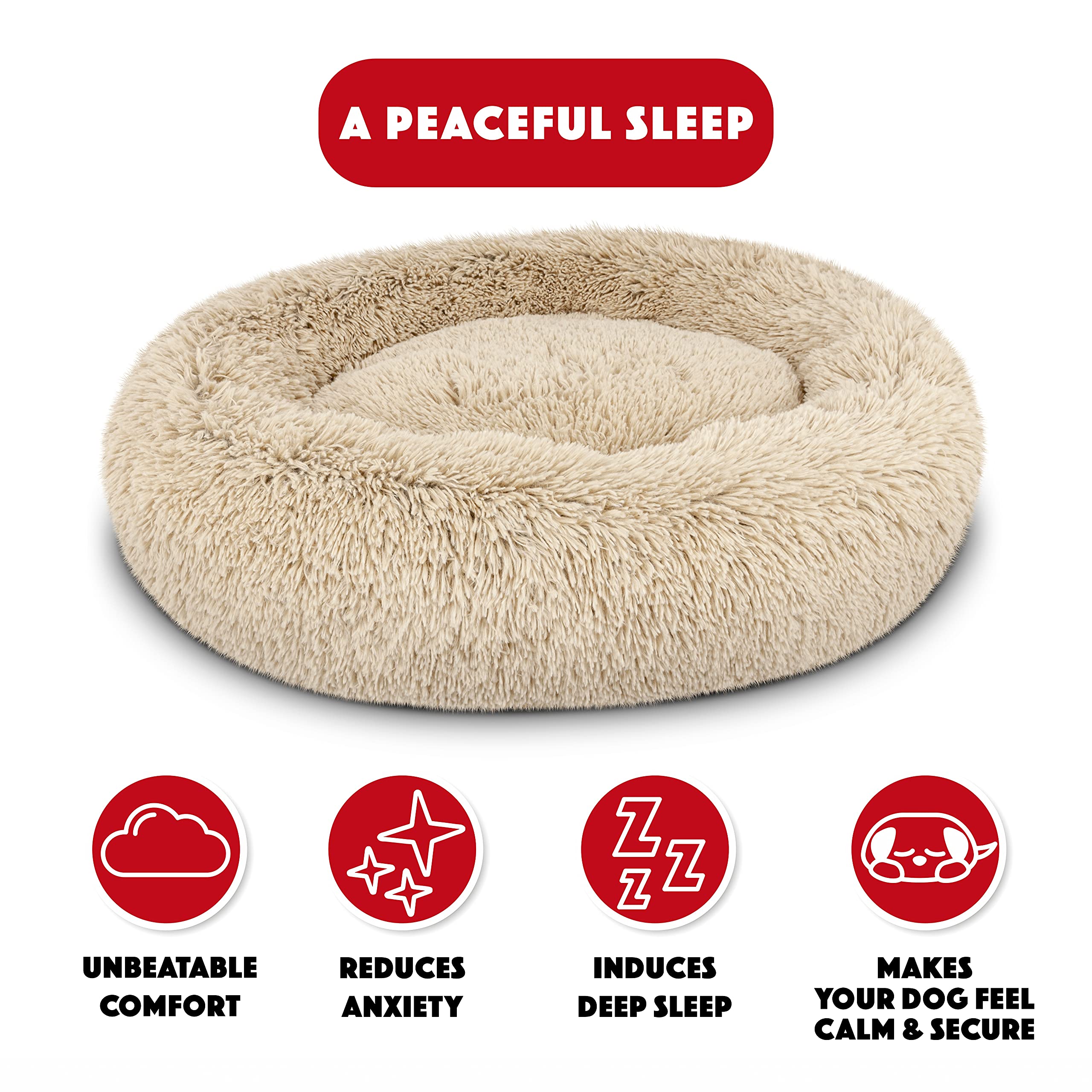 The Dogs Bed Sound Sleep Donut Dog Bed, Med Dog Beige Fur Calming Nest Bed, Veterinary Approved