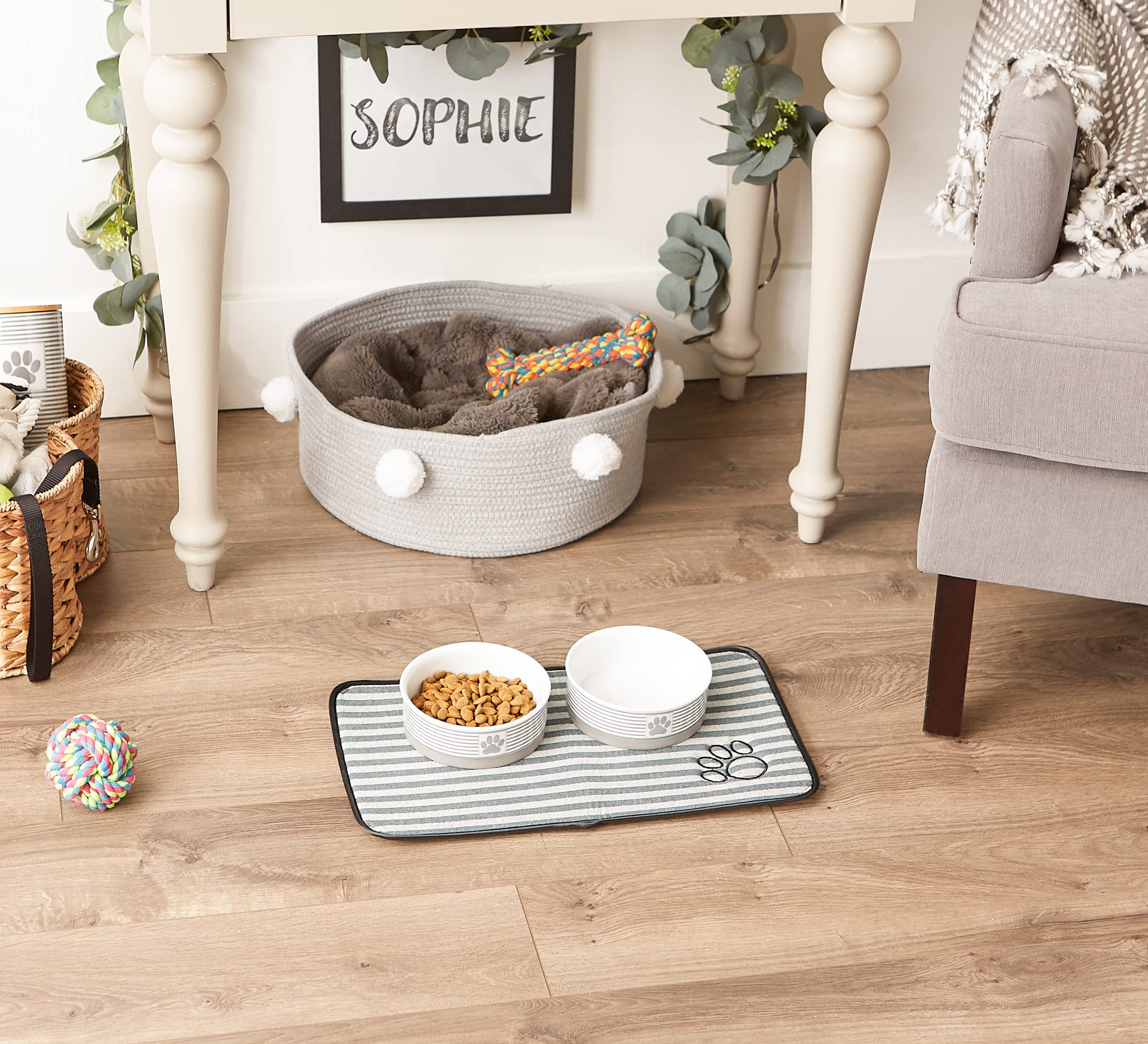 GRAY STRIPE EMBROIDERED PAW PET MAT SMALL