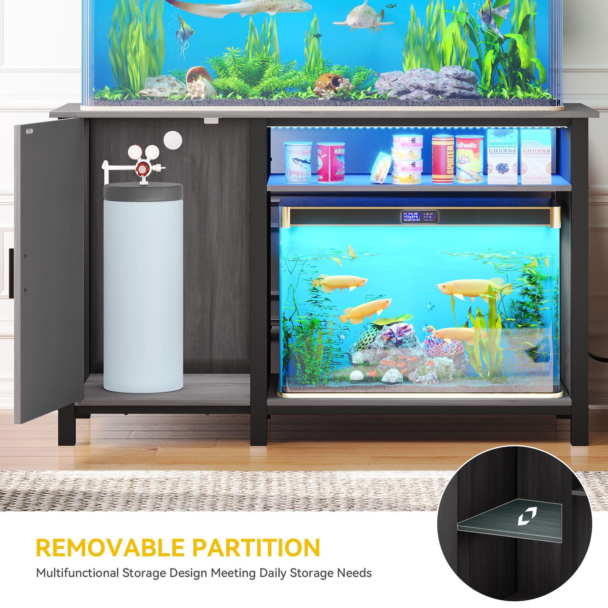 DWVO Aquarium Stand for 55-75 Gallon Fish Tank with Additional 20 Gallon Space and LED Lights, Fish Tank Stand with Adjustable D