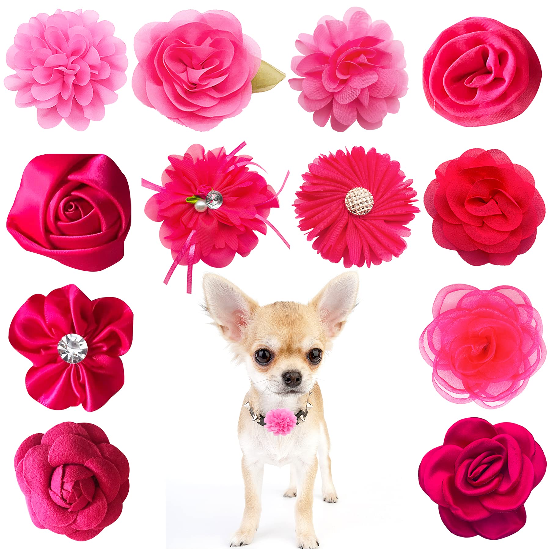 Pet Show 12Pcs Rose Pink Dog Collar Bows And Flowers Attachment For Girls Puppies Cats Female Small Medium Dogs Collars Embellishment Decor For Wedding Birthday Parties Grooming Pet Collar Accessories
