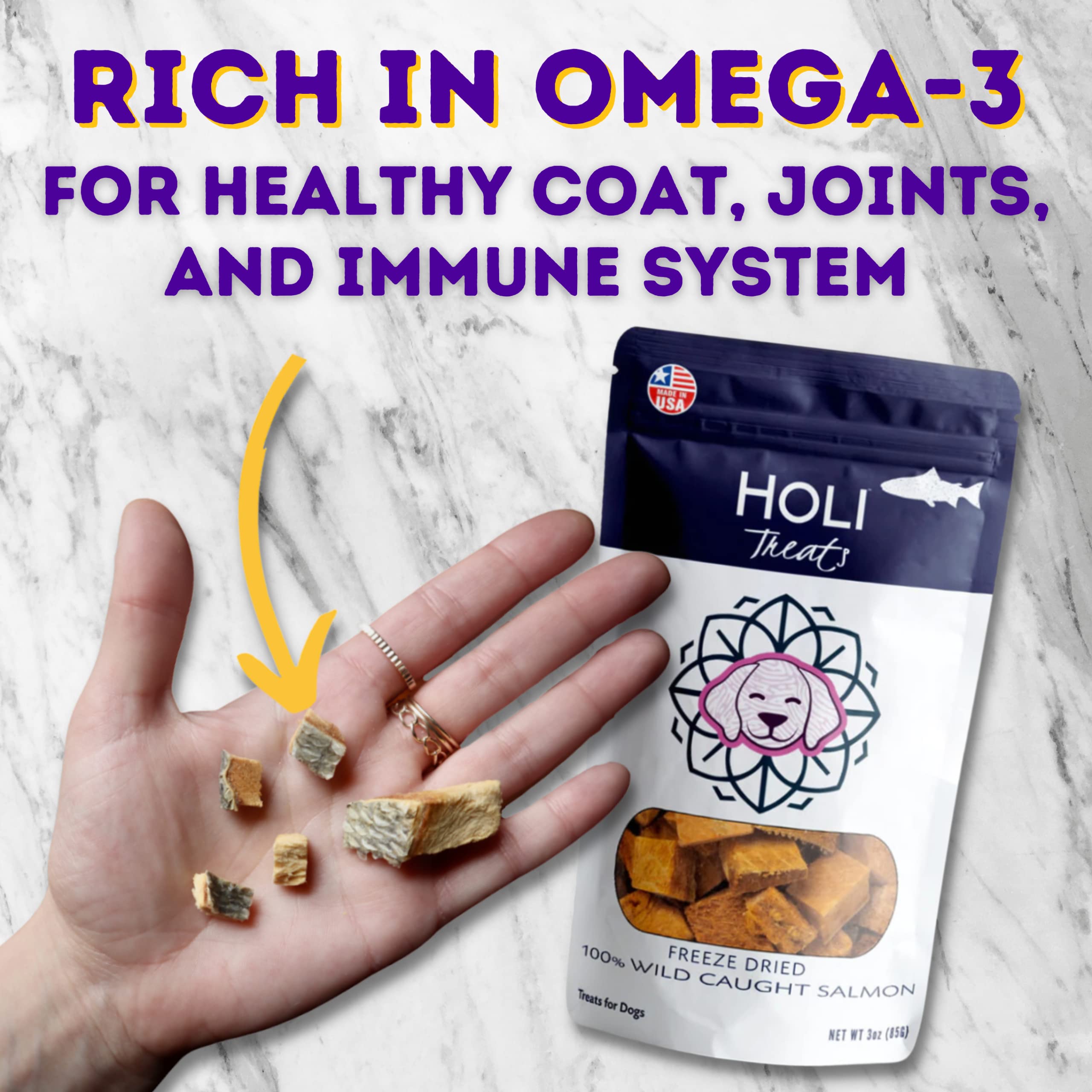 HOLI Freeze Dried Salmon Dog Treats - with Omega 3 and 6 Fish Oil - All Natural Dog Treats - Human Grade - Wild Caught Skin on S