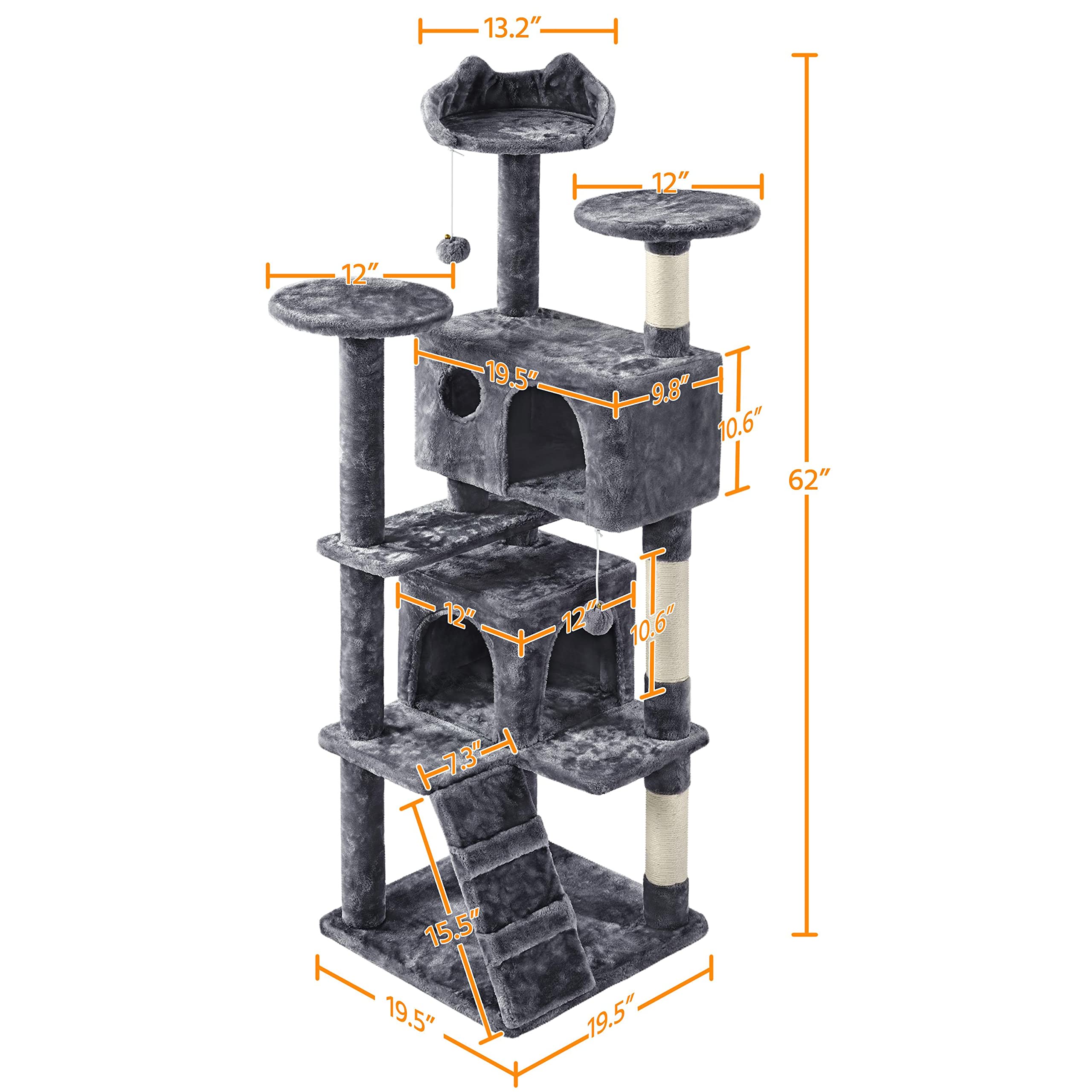 Yaheetech Cat Tree Tower, Multi-Level Large Plush Condo Cat Furniture With Sisal Scratching Posts And 2 Danglinge Balls Gray
