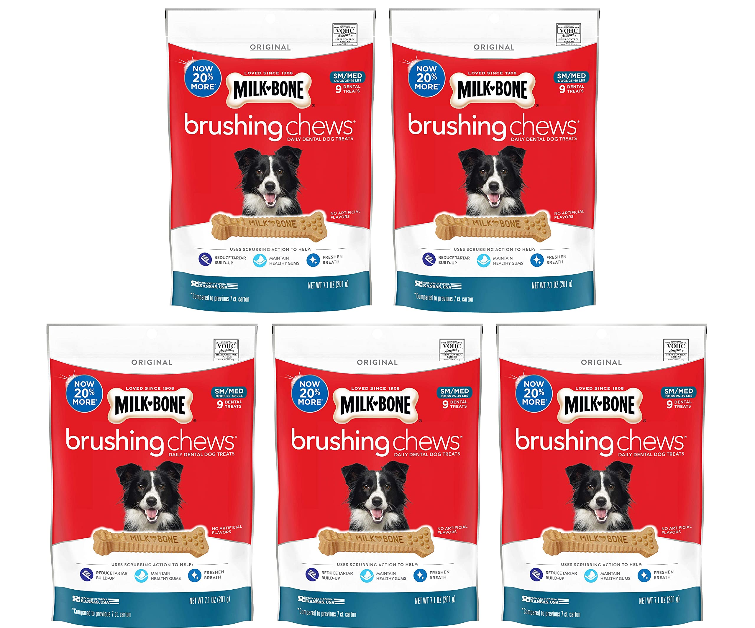 Milk-Bone Original Brushing Chews, Small/ Medium Daily Dental Dog Treats, 9 Count (Pack of 5) Scrubbing Action Helps Clean Teeth